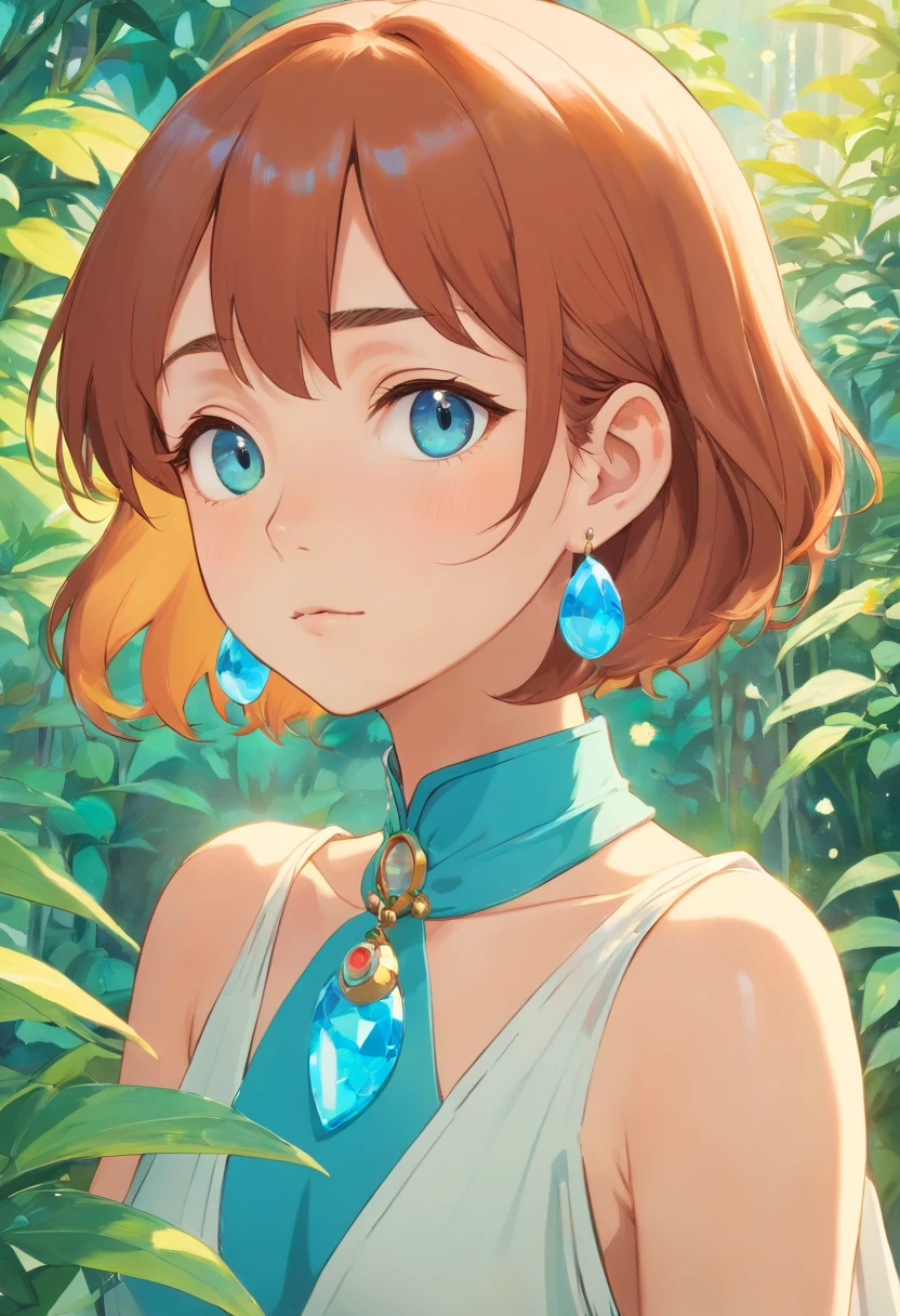 A girl wearing an anime collar, A long necklace and earrings, inthe style of tranquil gardenscapes, colorful animation stills, Masami Teraoka, aquamarine, Paul Gauguin, Amber style, Honest portrayal