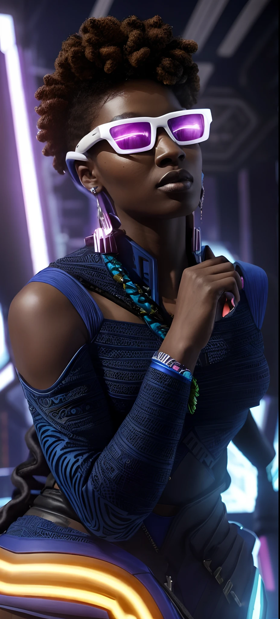 Afrofuturism, a light skin woman wearing a dark blue ((afrofuturistic tribal clothes)), dreadlocks top hair, cyber punk City in background, ultra quality, intricate details, white skin tone, future neon glassess