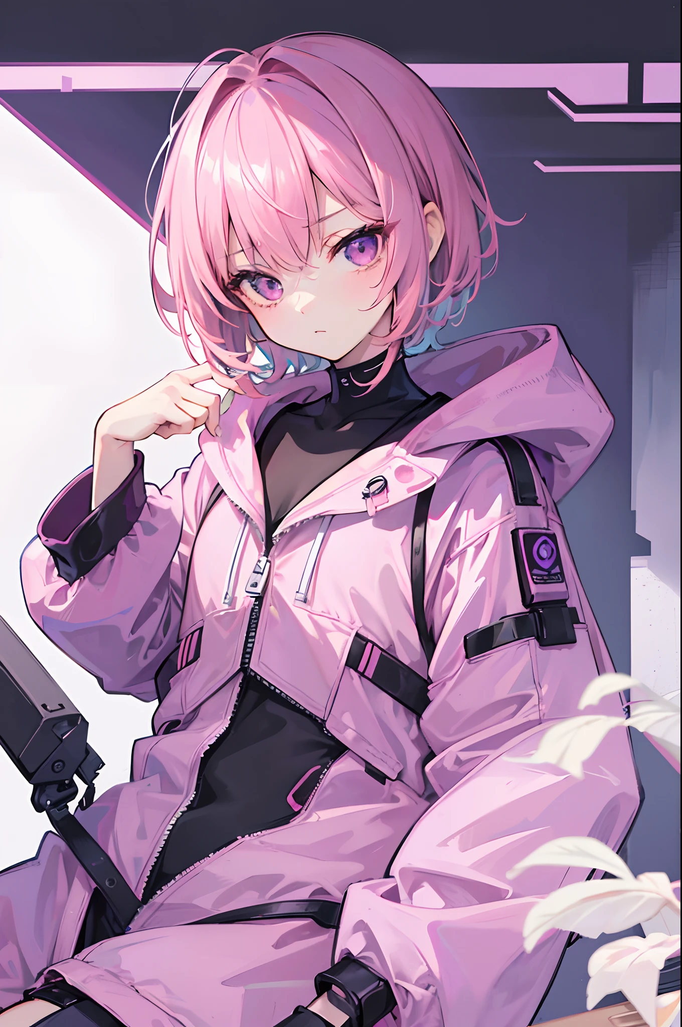 masterpiece, highlydetailed, ultra-detailed, solo, (girl), girl, short hair, pink hair, purple eye, flat expression, lackluster, lazy, sleepy, modern clothes, programmer, hacker, cute, pink teddy bear, sci-fi, future vibes, hair decoration