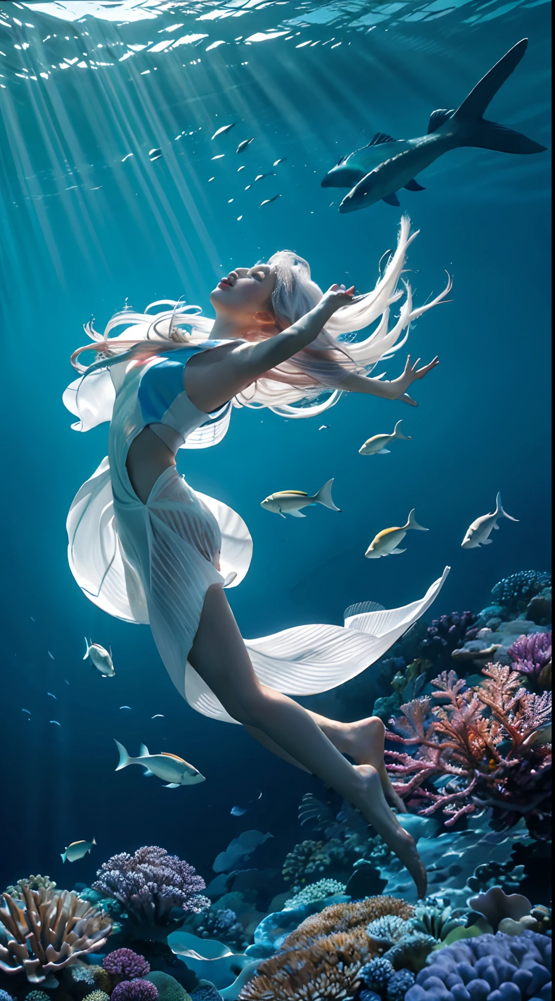 Conceptual art of marine life, Undersea landscape, Marine life，Beautiful coral reefs come in different shapes, 。.。.3D，, Fish, Female animated fantasy illustration. Long white hair scattered in the sea, Drift, Very harmonious. The whole painting adopts a messy and imaginative painting style. The colors are bright and saturated, line sleek. The mystery and beauty of the ocean, The painting depicts an underwater world full of life and vitality, Animated art wallpaper 8 K