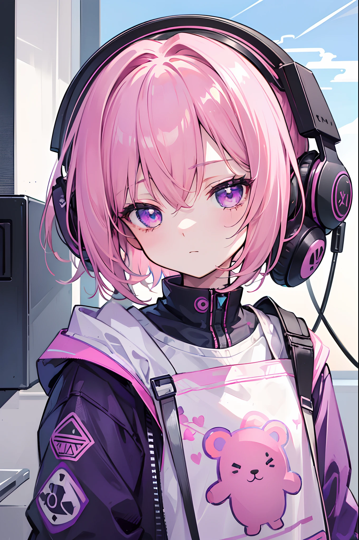 masterpiece, highlydetailed, ultra-detailed, solo, (girl), little girl, short hair, pink hair, purple eye, flat expression, lackluster, lazy, sleepy, modern clothes, programmer, hacker, cute, pink teddy bear, sci-fi, future vibes, hair decoration, Loli, headphones