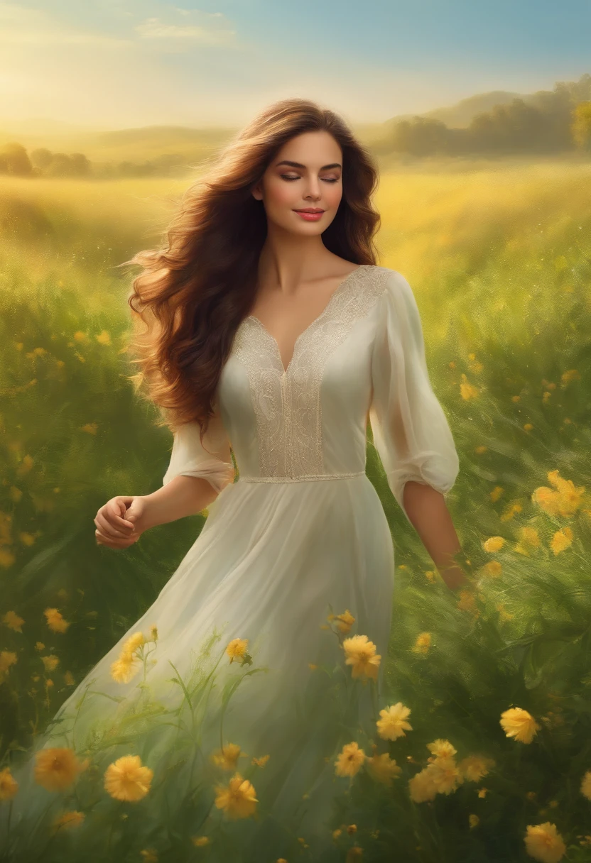 (best quality,4k,8k,highres,masterpiece:1.2),ultra-detailed,(realistic,photorealistic,photo-realistic:1.37),beautiful,energetic, vibrant girl, with flawless skin, bright expressive eyes,(long eyelashes:1.1) long lustrous brown hair and naturally pink lips, standing in a vast green field, surrounded by blooming flowers and vibrant greenery. The girl is wearing a flowing, ethereal dress, which perfectly complements the natural beauty of the scene. The sunlight gently filters through the leaves and casts a warm, golden glow on the girl's face, creating a serene and dreamlike atmosphere. The painting exhibits a mix of traditional oil painting techniques and modern digital rendering, resulting in a mesmerizing blend of textures and colors. The use of vibrant and harmonious colors adds a touch of fantasy and enchantment to the artwork, evoking a sense of joy and youthfulness. The composition and perspective of the painting accentuate the girl's elegance and grace, while the fine details capture her lively and spirited nature. Overall, the artwork exudes a sense of timeless beauty and captures the essence of youth and vitality.
