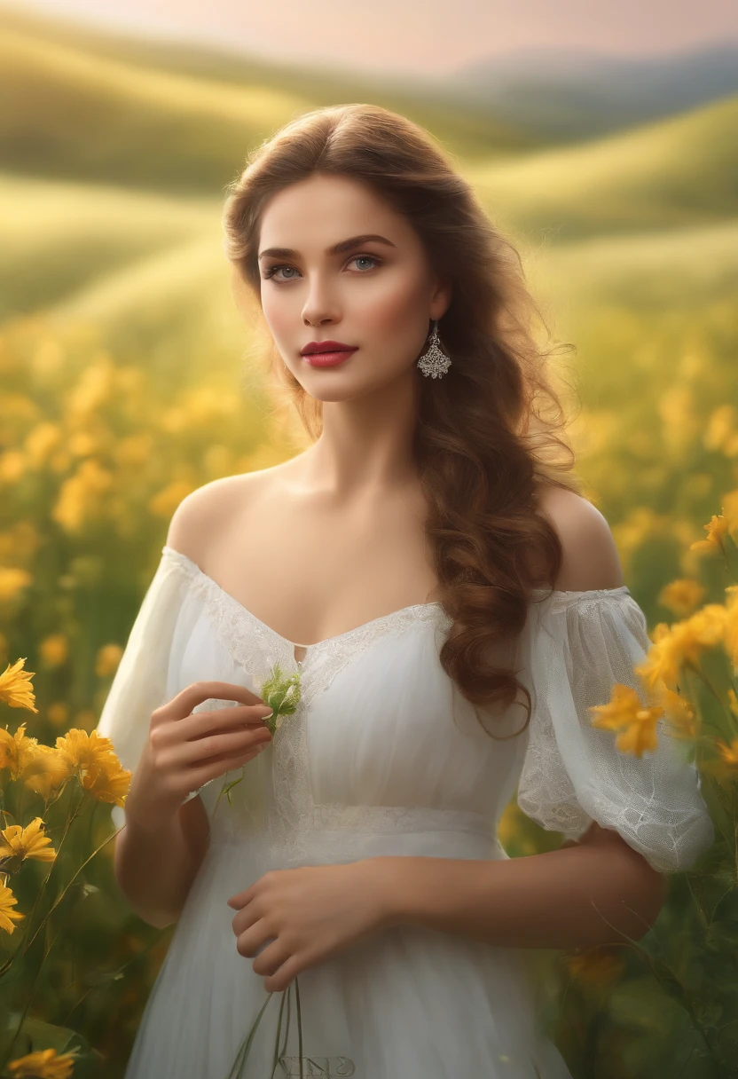 (best quality,4k,8k,highres,masterpiece:1.2),ultra-detailed,(realistic,photorealistic,photo-realistic:1.37),beautiful,energetic, vibrant girl, with flawless skin, bright expressive eyes,(long eyelashes:1.1) long lustrous brown hair and naturally pink lips, standing in a vast green field, surrounded by blooming flowers and vibrant greenery. The girl is wearing a flowing, ethereal dress, which perfectly complements the natural beauty of the scene. The sunlight gently filters through the leaves and casts a warm, golden glow on the girl's face, creating a serene and dreamlike atmosphere. The painting exhibits a mix of traditional oil painting techniques and modern digital rendering, resulting in a mesmerizing blend of textures and colors. The use of vibrant and harmonious colors adds a touch of fantasy and enchantment to the artwork, evoking a sense of joy and youthfulness. The composition and perspective of the painting accentuate the girl's elegance and grace, while the fine details capture her lively and spirited nature. Overall, the artwork exudes a sense of timeless beauty and captures the essence of youth and vitality.