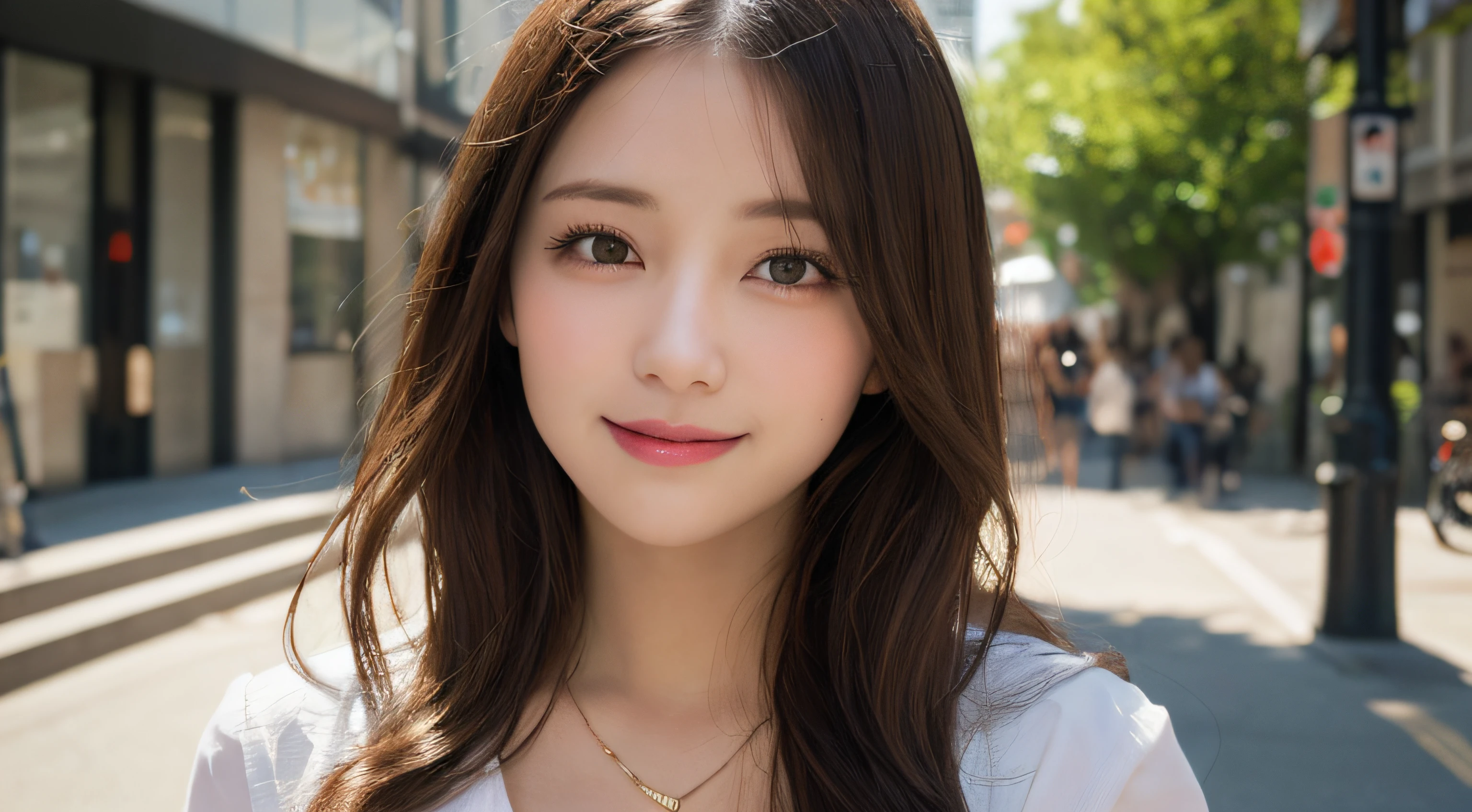 Angel Very Beautiful and Cute Girl, Beautiful detailed eyes, Detailed double eyelids, (largeeyes:1.3),long eyelashes, See-through bang, (beautiful detailed face and eyes:1.4), small nose, small mouth, Beautiful long hair, Happy smile with bare teeth, (Best Quality:1.2), Raw photo, High resolution, perfect detail, Professional Photography, full body shot of,Professional Lighting,BREAK has large round breasts、yellow provocative panties、yellow exciting bra、Walking,Beautiful legs, In the city,Brown hair,