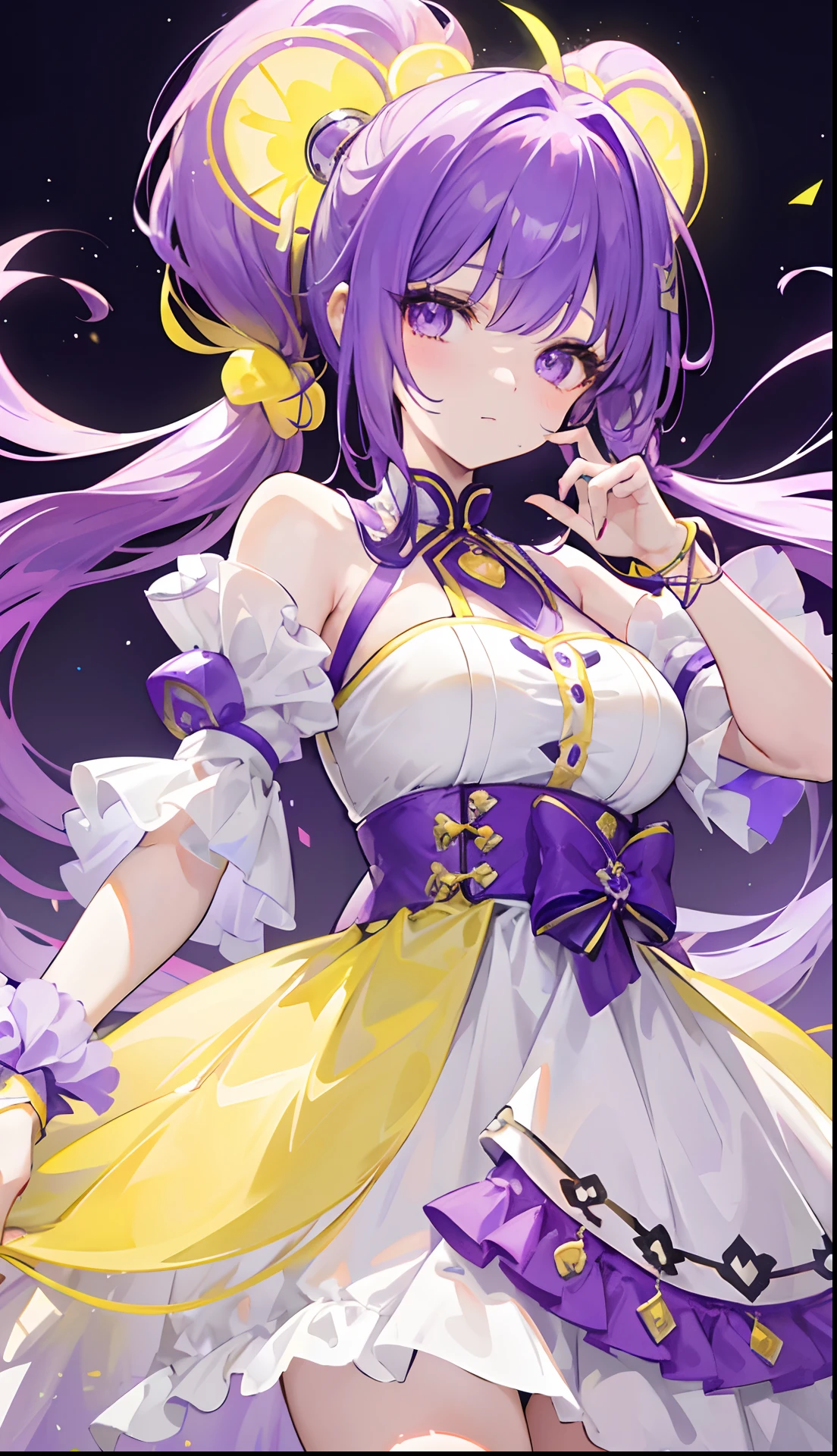 Long purple and yellow bangs that emit fluorescence,Tall ponytail hair with a radiant and vibrant look,A simple glow dress with purple, yellow and white accessories,The face is very sweet and tender, full of luster and glow,A cute and lively beautiful girl with a very attractive charm,The whole looks glow