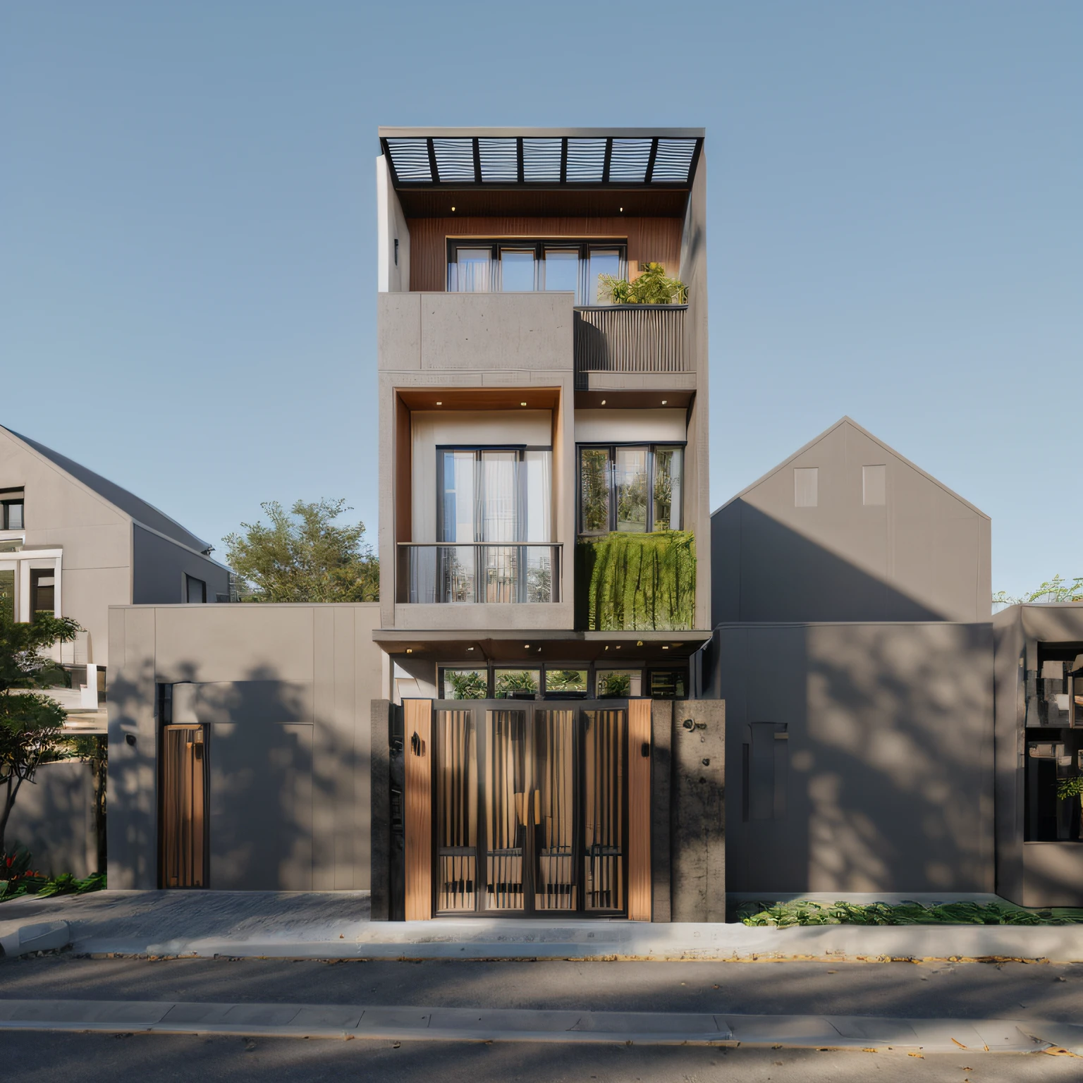 Townhouse in city, (sharp focus) front view of townhouse in style of modern, Vietnamese architecture, east asian architecture, town, blue sky, daylight, warm light, warm atmosphere, high Resolution, 8k, hdr, vray render, hyper realistic, ultra detail, hyper detailed, exterior design  professional photography, exterior photography, wide-angle shot, real world location, road sign, cityscape, pavement, (brown wooden ceilings, ceiling light, glass bancony, the front wall of the ground floor is made by black granite), (bancony have many trees, plans, ivy, palm)