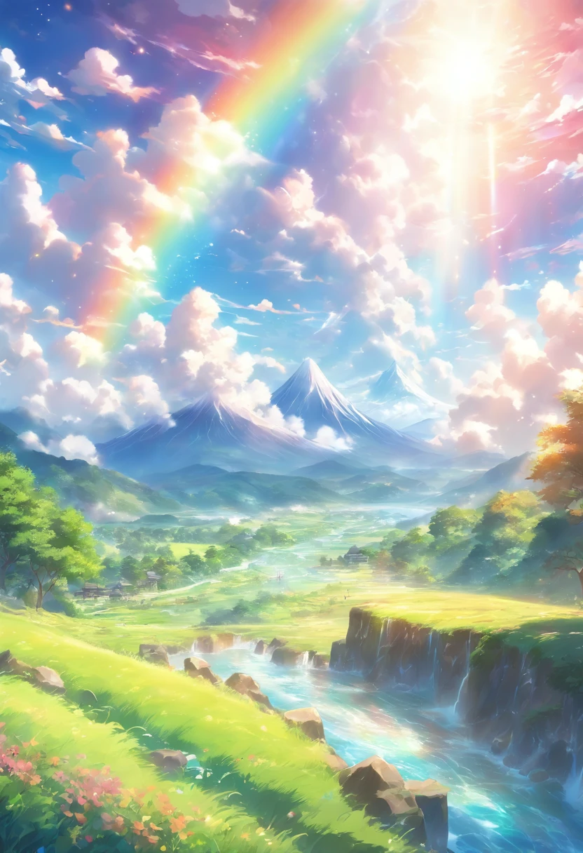 landscape,rainbow in the sky,A luxurious horizon,Sparkling seawater,Lush greenery,exotic plants,Fantasy world,Enchanting atmosphere,shining sun,Soft clouds,dreamlike landscapes,magical aura,serenity and calm,Untapped beauty,A harmonious blend of tones,Endless wonders,Best quality,4K,8K,A high resolution,Masterpiece:1.2,Vibrant colors,