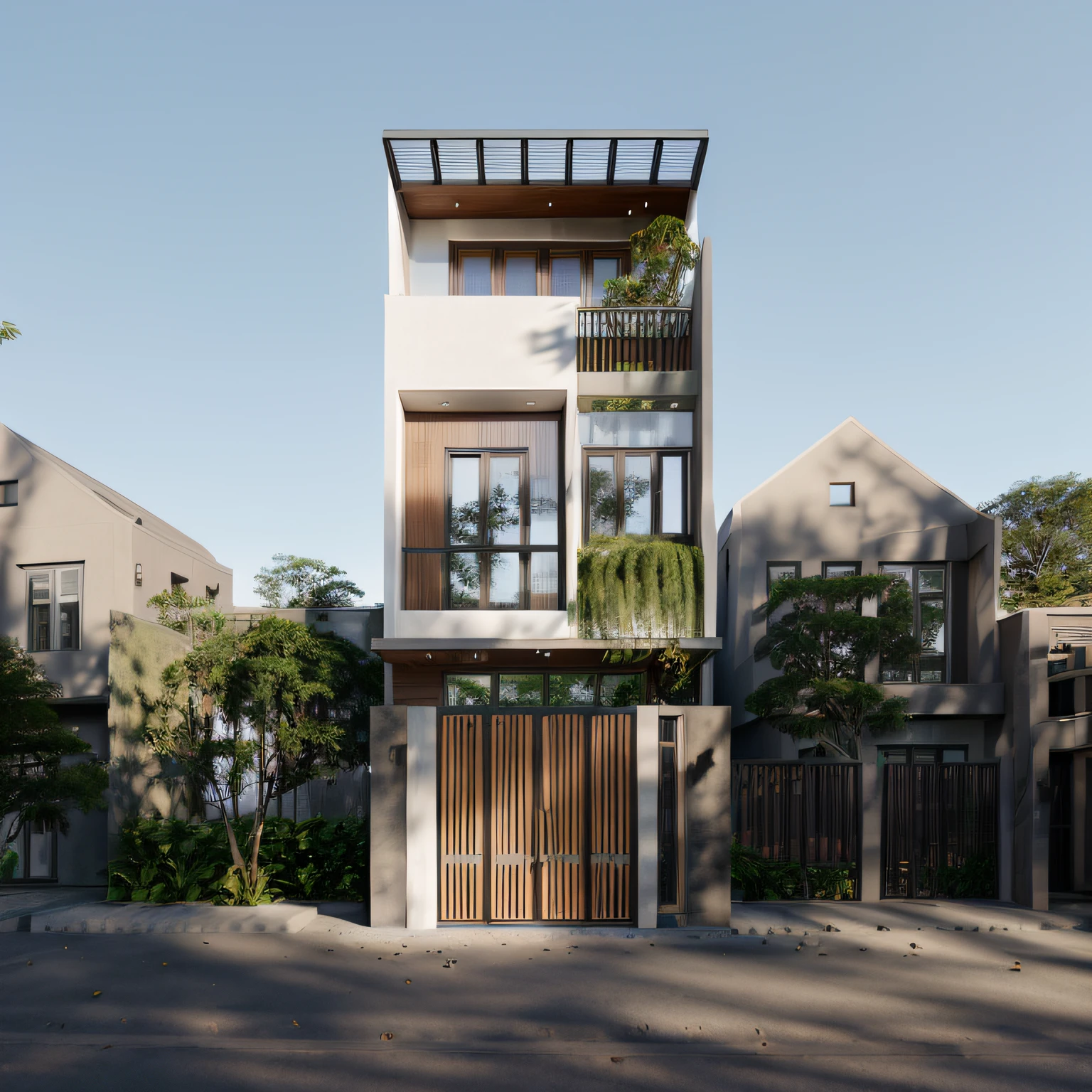 Townhouse in city, (sharp focus) front view of townhouse in style of modern, Vietnamese architecture, east asian architecture, town, blue sky, daylight, warm light, warm atmosphere, high Resolution, 8k, hdr, vray render, hyper realistic, ultra detail, hyper detailed, exterior design  professional photography, exterior photography, wide-angle shot, real world location, road sign, cityscape, pavement, (brown wooden ceilings, ceiling light, glass bancony, the front wall of the ground floor is made by black granite), (bancony have many trees, plans, ivy, palm)