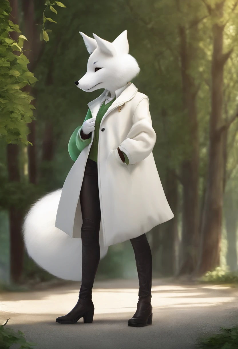 Best Quality, 4K, masutepiece, Art Book, Anthropomorphic white fox, NOhumans, Not a man, Not a human face, Correct anatomy, Correct fingers, White wool, White clothes, jeans (white), Jacket (white), fursona art, Incredibly huge breasts (Covered), Simple white background, White white, green pupils, Cunning look
