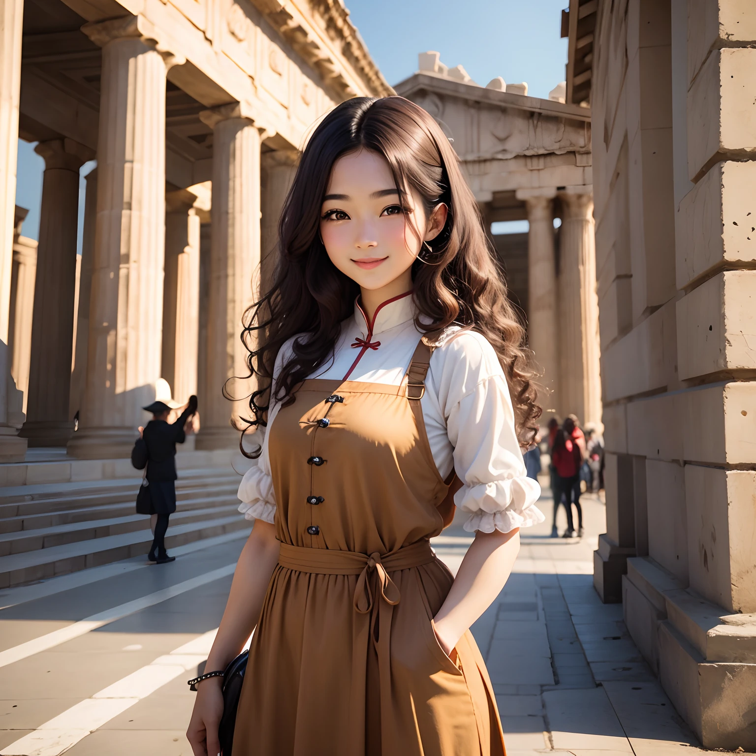 Chinese-Italian girl with brown curly hair smiling confidently in front of Parthenon