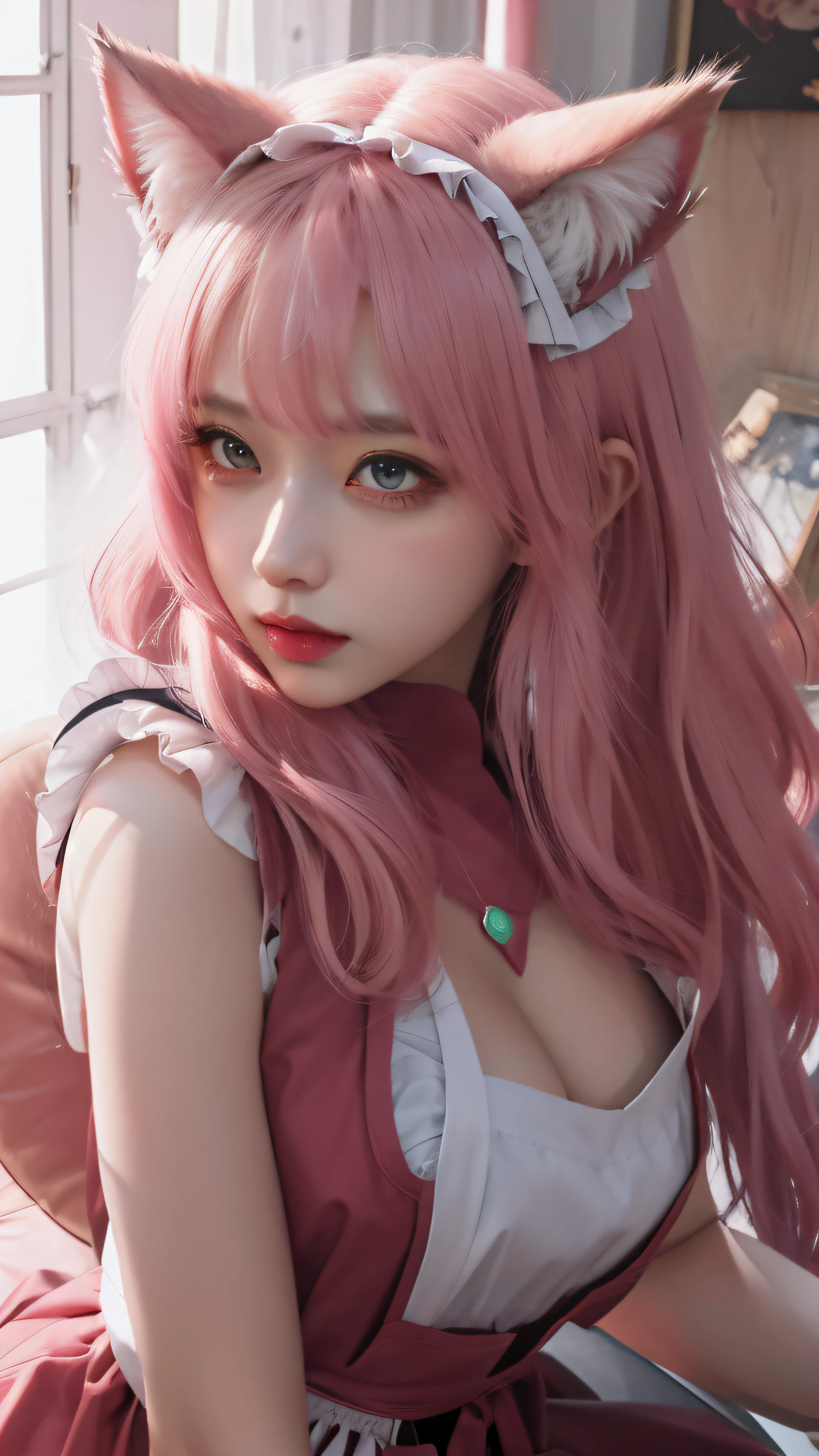 anime girl with pink hair and cat ears posing for a picture, the maid outfit，Sexy maid，cleavage，whitegloves，Guviz, Guviz-style artwork, Extremely detailed Artgerm, like artgerm, Style Artgerm, artgerm detailed, Art germ. High detail, Art germ. anime illustration, trending artgerm, Art germ on ArtStation Pixiv