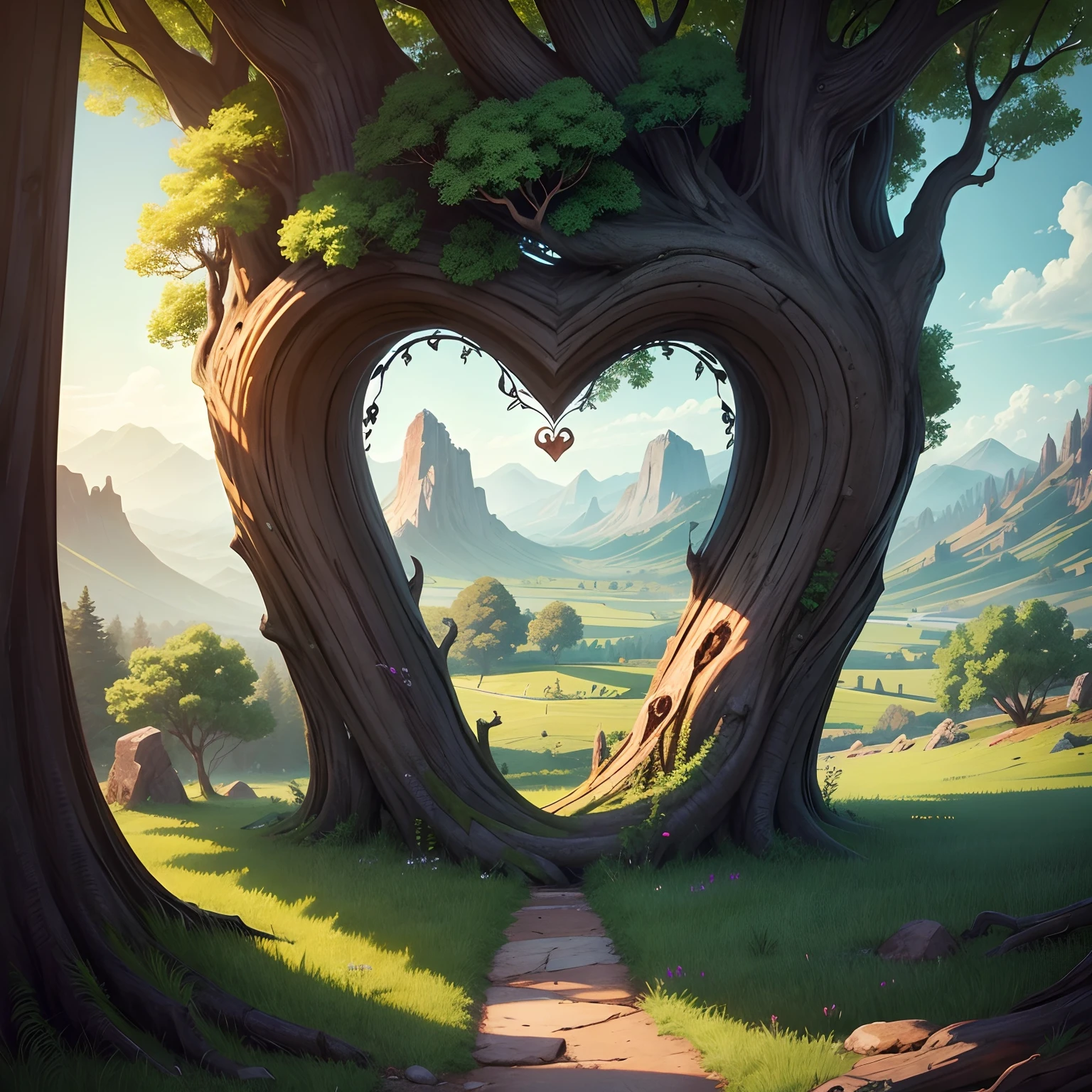 Heart shape tree, environment zone, Amazing view, super details, rich colours, illustration detailed, fine details, colour mixed tree