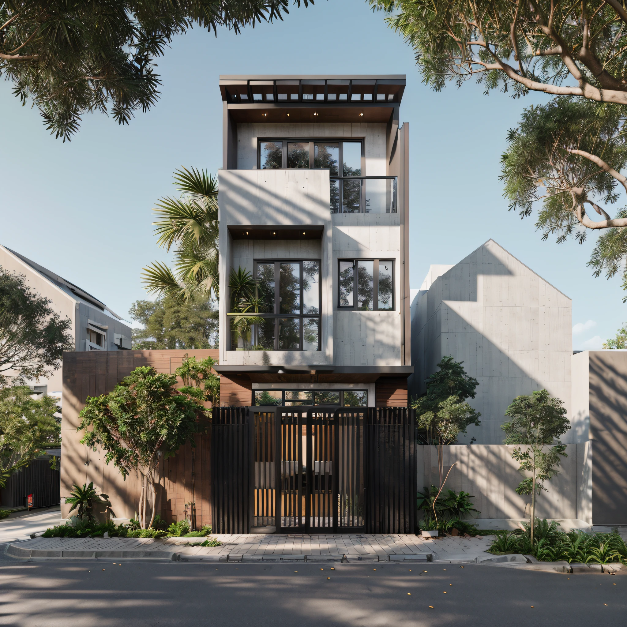 Townhouse in city, (sharp focus) front view of townhouse in style of modern, Vietnamese architecture, east asian architecture, town, mutual colours, soft lighting, blue sky, daylight, warm light, warm atmosphere, high Resolution, 8k, hdr, vray render, hyper realistic, ultra detail, hyper detailed, exterior design  professional photography, exterior photography, wide-angle shot, real world location, road sign, cityscape, pavement, (brown wooden ceilings, ceiling light, glass bancony, the front wall of the ground floor is made by black granite), (bancony have many trees, plans, ivy, palm), black iron fame, glass panel