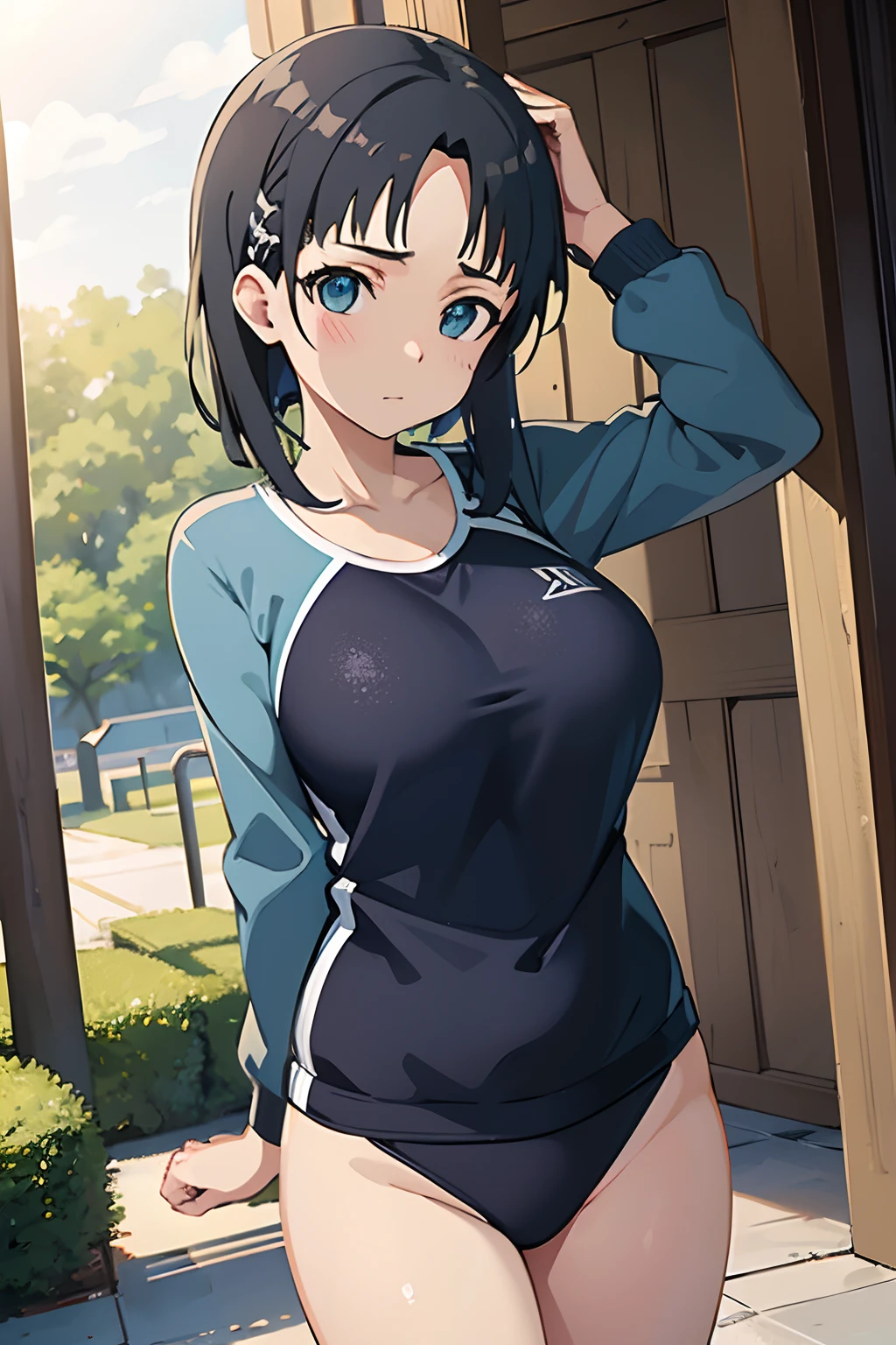 Naoha Kirigaya(sword art online), 1girl, masterpiece、top-quality、School swim wear、huge tit、Lewd、swimming pools、