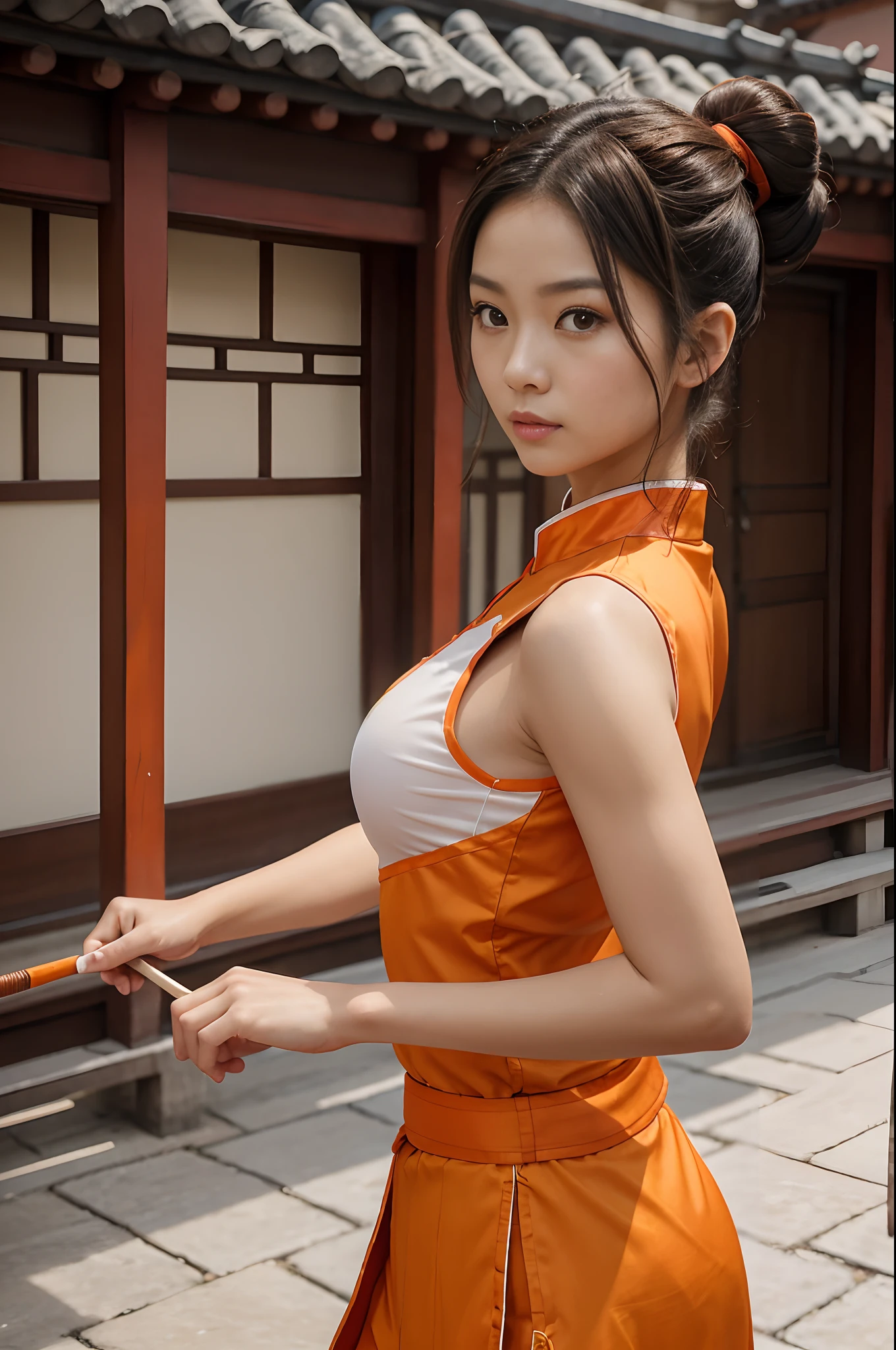 a human female character, chinese type,hairbun,hairsticks, age around 20, small breasted, in a traditional orange wudang outfit, athletic, 165 cm height, 55 kg weight, brown eyes