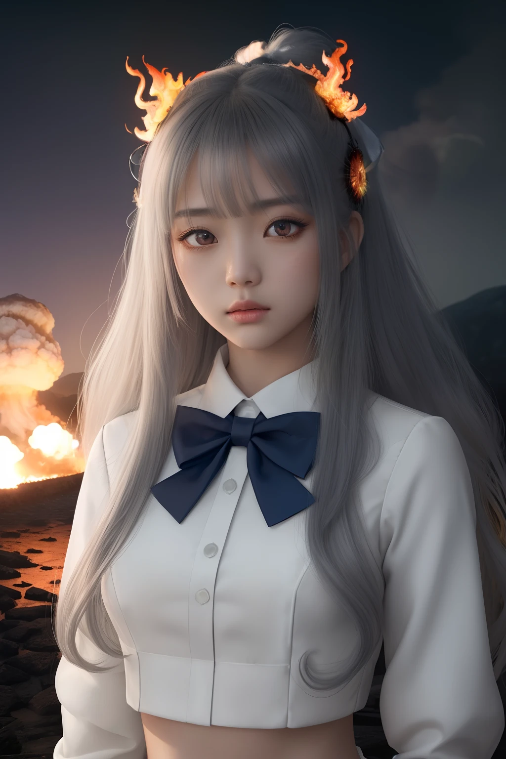masterpiece, best quality, illustration, {beautiful detailed girl}, beautiful detailed glow, (flames of war: 1.2), (nuclear explosion behind: 1.3), rain, detailed lighting, detailed water, (beautiful detailed eyes: 1.1), featureless , palace, azure hair, messy hair, long bangs, hair between the eyes, (white and gray dress: 1.1), black ribbon, white bow ties, belly, big forehead, blank look, flower, long sleeves