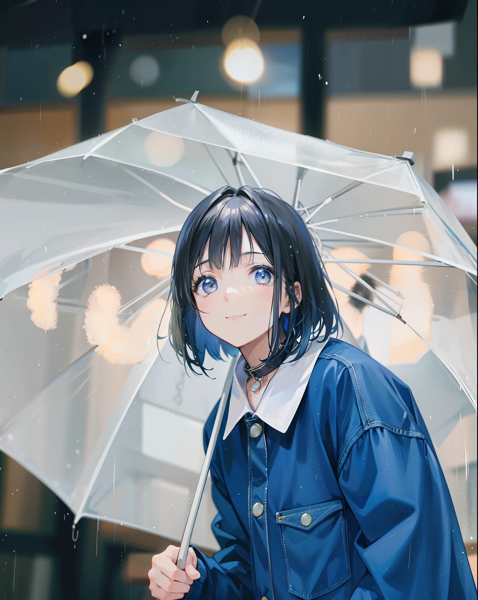 1 girl from Korea, beautiful girl with short hair and bangs, beautiful eyes, sharp nose and smile, wearing a blue levis jacket and light yellow collar, carrying a white transparent umbrella, holding the umbrella in her hand, facing the audience, blurred background, moderate weather Rain, don't wear a collar