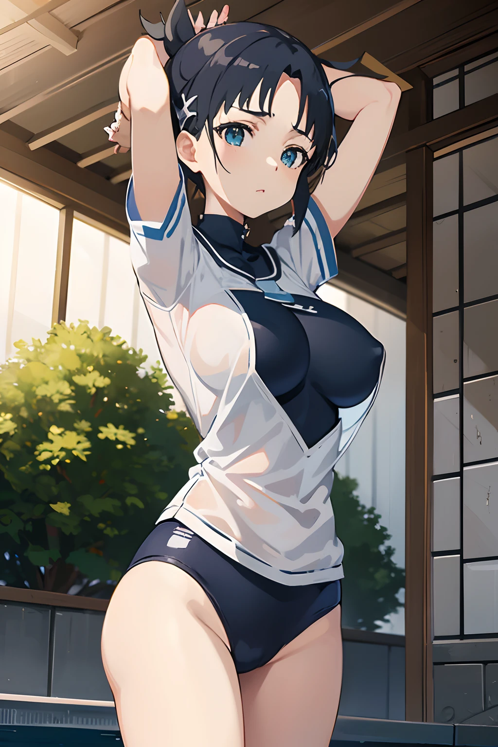 Naoha Kirigaya(sword art online), 1girl, masterpiece、top-quality、{School swim wear}、huge tit、Lewd、swimming pools、