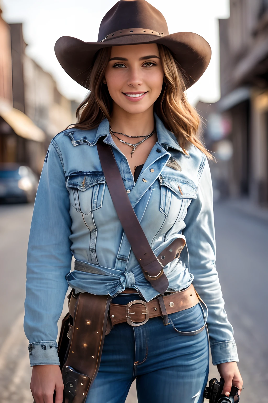 Townscape of the Wild West,Wasteland,Gunslinger Costume,Short leather jacket with open front,Torn and tattered white shirt,Torn and tattered damaged jeans,(Wrap the gun belt around your waist:1.3),(gun holster:1.3),Equipped with a Winchester M73 rifle on her chest,Cowboy Hat,(Generate globally beautiful women images,Especially while reflecting elements of Western beauty,Woman with natural smile and attractive expression,Transparent skin,sparkle in eyes,Expresses an elegant atmosphere,(in 8K, Raw photo, Best Quality, masutepiece),Sunlight ,Cinematic lighting,(Realistic, Photorealsitic),,