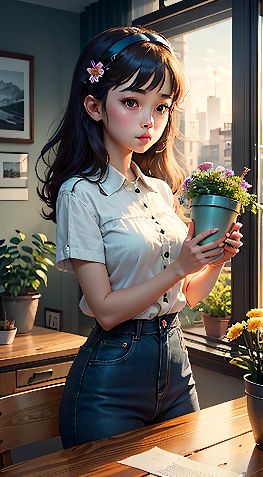 masterpiece,best quality,masterpiece,best quality,official art,extremely detailed CG unity 8k wallpaper,Slight retro color,riso print style,illustration,cute,1girl,Flowers,Windowsill,flowerpot,Drink coffee,.