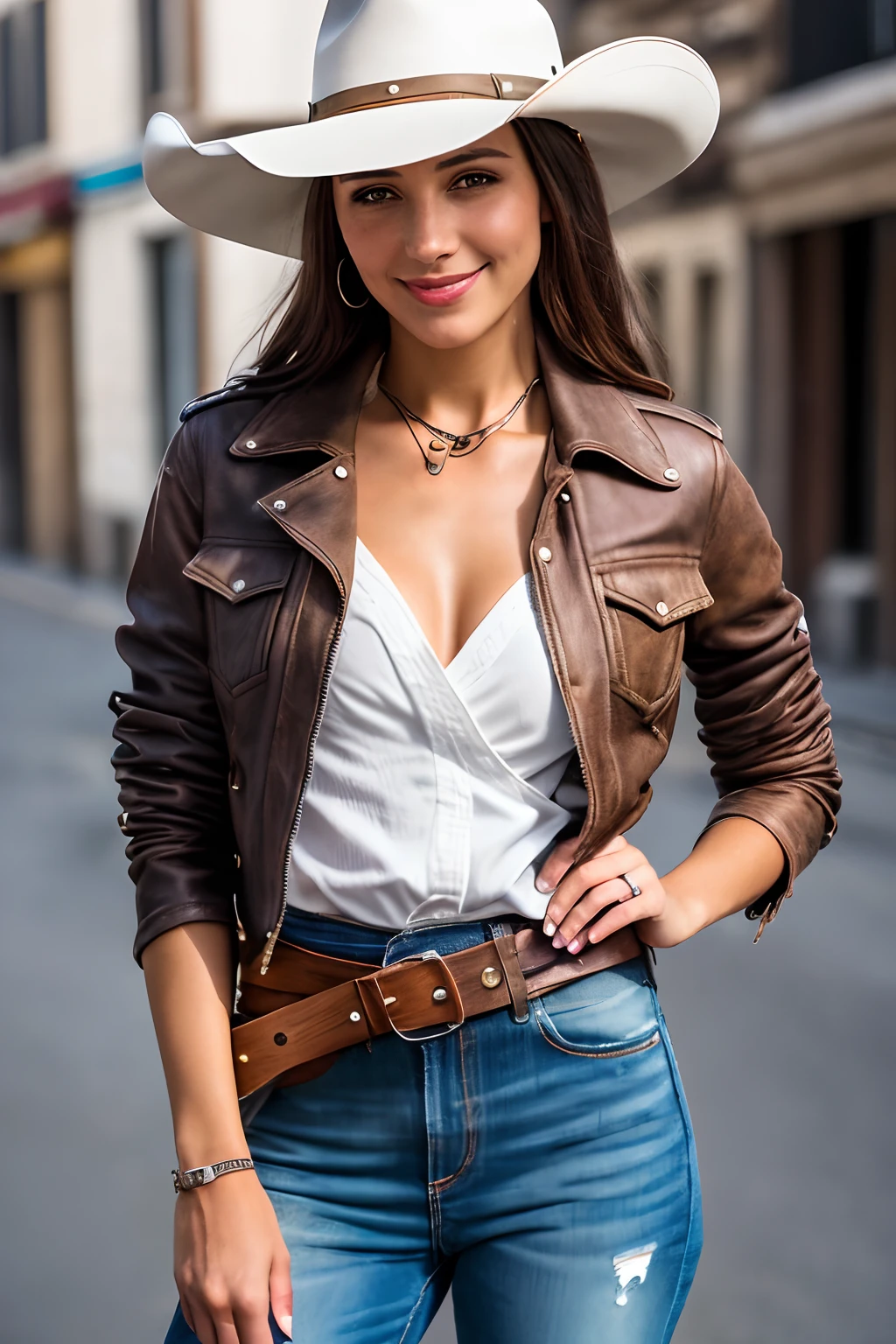 Townscape of the Wild West,Wasteland,Gunslinger Costume,Short leather jacket with open front,Torn and tattered white shirt,Torn and tattered damaged jeans,(Wrap the gun belt around your waist:1.3),(gun holster:1.3),Equipped with a Winchester M73 rifle on her chest,Cowboy Hat,(Generate globally beautiful women images,Especially while reflecting elements of Western beauty,Woman with natural smile and attractive expression,Transparent skin,sparkle in eyes,Expresses an elegant atmosphere,(in 8K, Raw photo, Best Quality, masutepiece),Sunlight ,Cinematic lighting,(Realistic, Photorealsitic),,