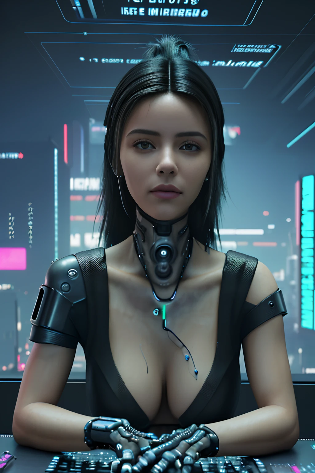 ((La mejor calidad)), ((Obra maestra)), (Altamente detallado:1.3), ..3D, Beautiful (cyberpunk:1.3) Mujer hacker con cabello negro lacio operando una terminal de computadora, NSFW