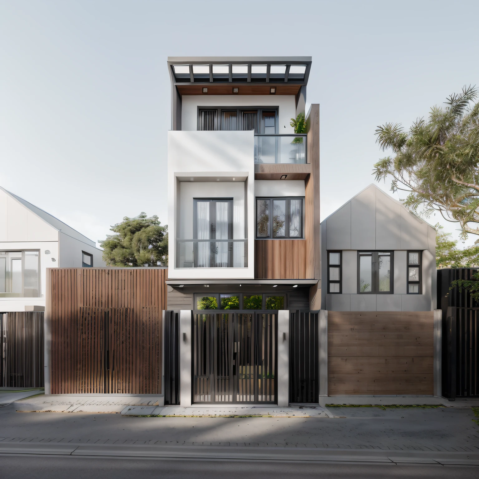 Townhouse in city, (sharp focus) front view of townhouse in style of modern, Vietnamese architecture, east asian architecture, town. Mutual colours, soft lighting, blue sky, daylight, warm light, warm atmosphere, high Resolution, 8k, hdr. vray render, hyper realistic, ultra detail, hyper detailed, exterior design  professional photography, exterior photography, wide-angle shot. real world location, road sign, cityscape, pavement. (brown wooden ceilings, ceiling light, glass bancony, the front wall of the ground floor is made by black granite). bancony have many tree, plan, ivy, palm. white wall is mainstream, white wall mix with gray tiles, wooden wall.