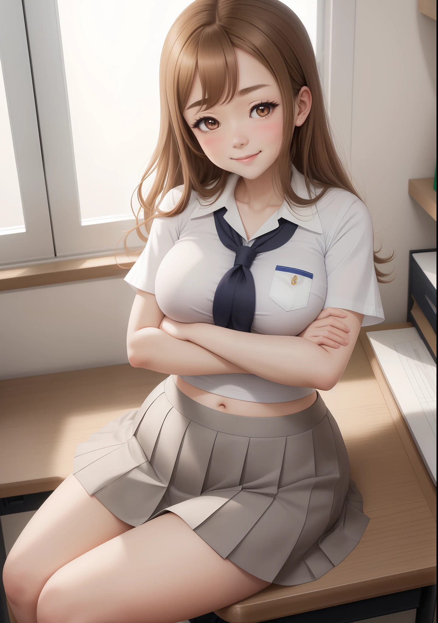 masterpiece, best quality, (kunikida hanamaru:0.999), (grey skirt:0.981), (school uniform:0.981),(uranohoshi school uniform:0.959), midriff,(smile:0.935), (pleated skirt:0.918), (breasts:0.878), (brown hair:0.875), (sailor collar:0.755), (neckerchief:0.749), (looking at viewer:0.699), (large breasts:1.0),(blush:0.605), llchar, (Skin tight:1.2), School, class, (Breast squeeze:1.1), Crossed arms, Blush, Sitting on desk, Closed mouth