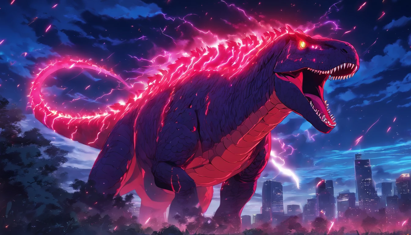 Iguanodon, crimson red with neon red lightning markings, luminescent, red lightning in the sky, Eldritch Blast, masterpiece, best quality