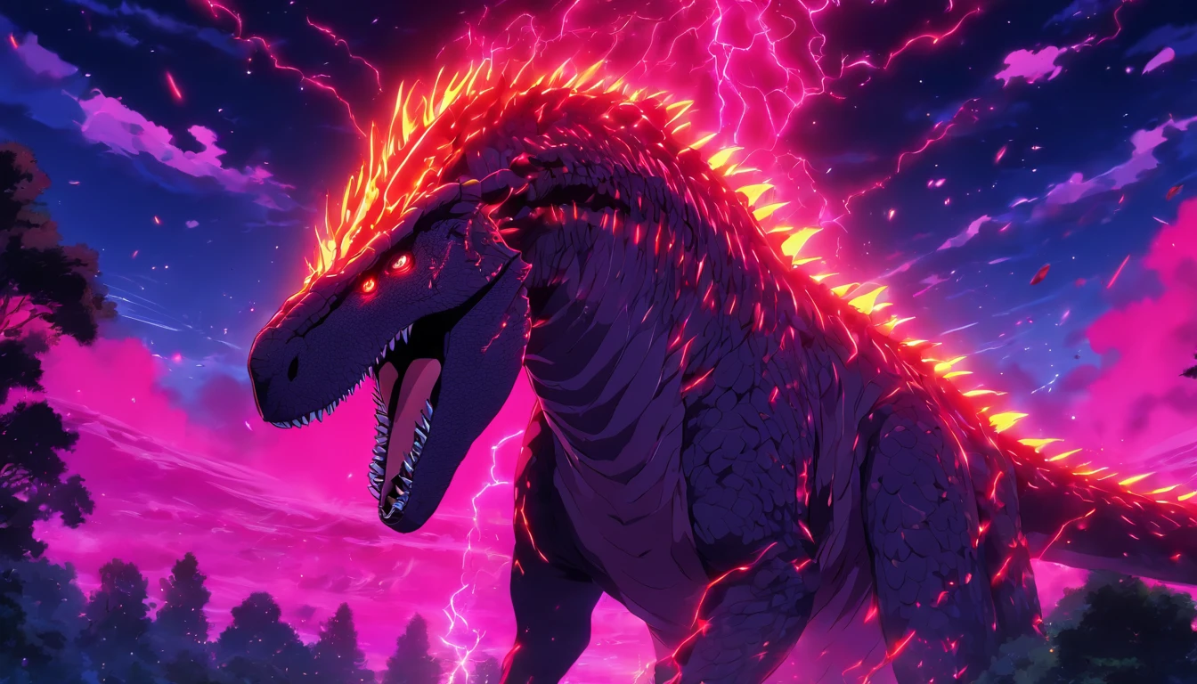 Iguanodon, crimson red with neon red lightning markings, luminescent, red lightning in the sky, Eldritch Blast, masterpiece, best quality