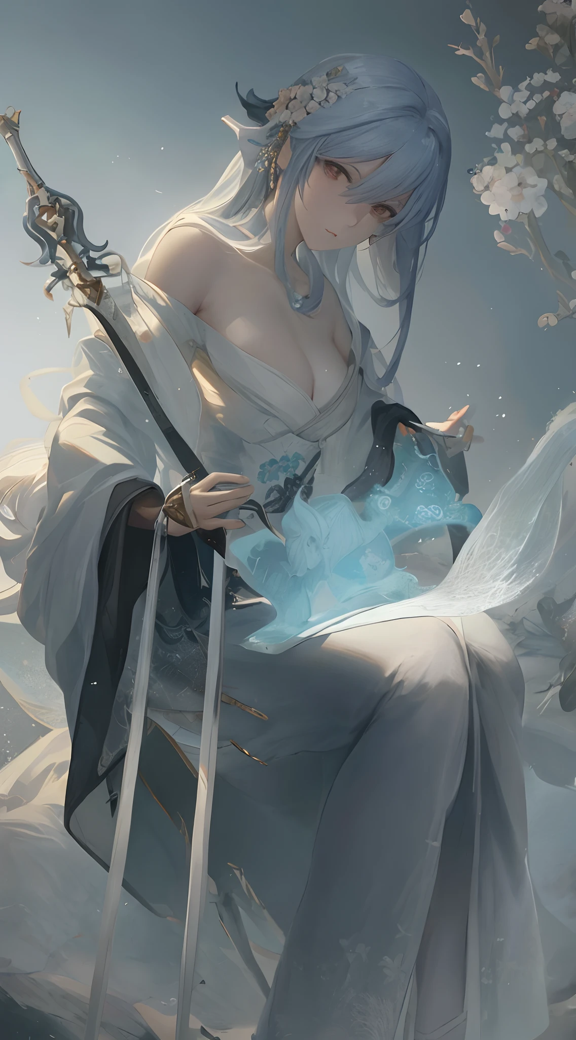 a close up of a woman with a sword in a white dress, a character portrait by Yang J, trending on cgsociety, fantasy art, beautiful character painting, artwork in the style of guweiz, guweiz, white hanfu, flowing white robes, full body wuxia, epic exquisite character art, stunning character art, beautiful female assassin