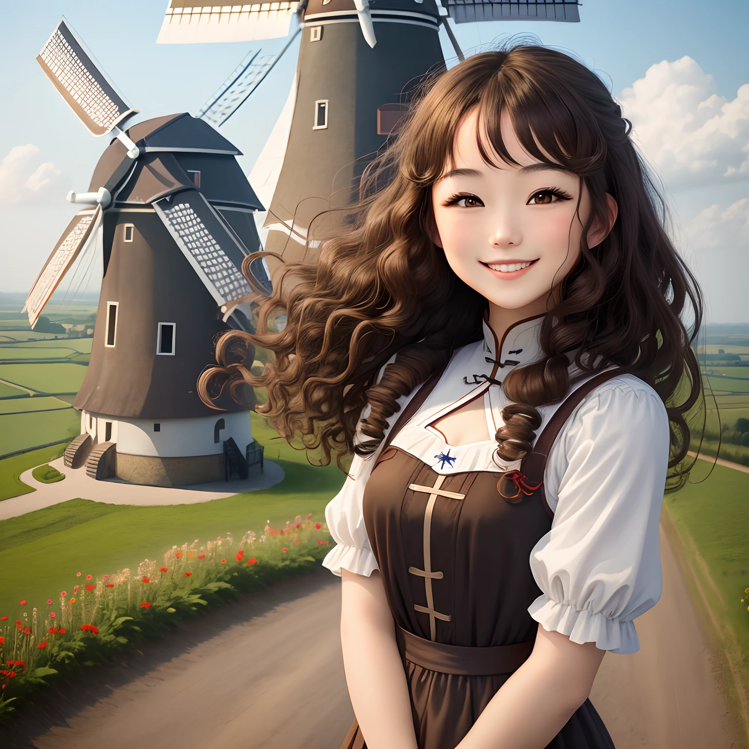 Italian Chinese girl with brown curly hair smiling confidently in front of Dutch windmill