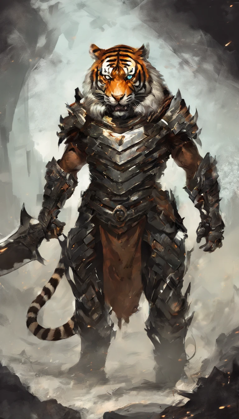 A deadly tiger wearing war armor, masculine, human body, face of a tiger, battle, aggression