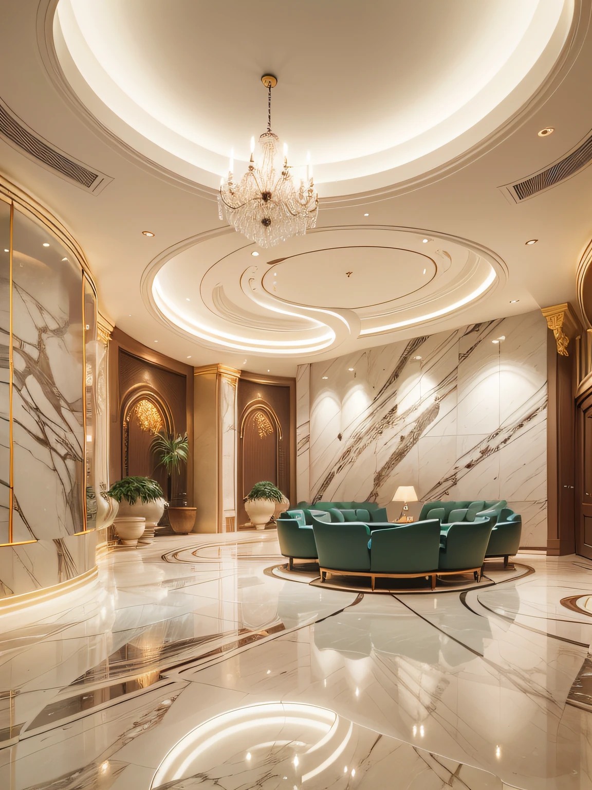 spacious, Quiet and welcoming hotel lobby,Marble decoration,Soft and soothing lighting softly illuminates the entire space,creating a serene and peaceful atmosphere,super wide shot