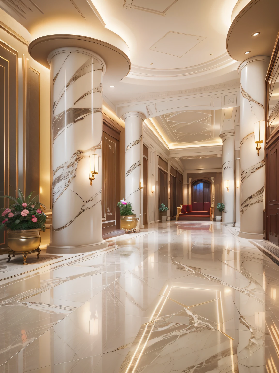 spacious, Quiet and welcoming hotel lobby，Marble decoration，Soft and soothing lighting softly illuminates the entire space，creating a serene and peaceful atmosphere，super wide shot
