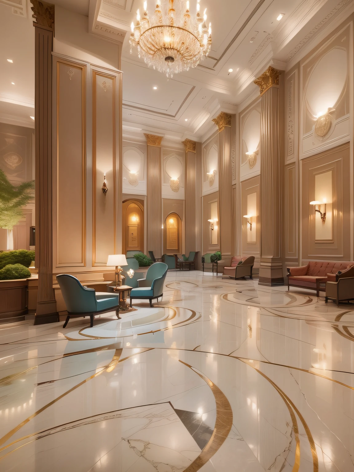 spacious, Quiet and welcoming hotel lobby,Marble decoration,Soft and soothing lighting softly illuminates the entire space,creating a serene and peaceful atmosphere,super wide shot