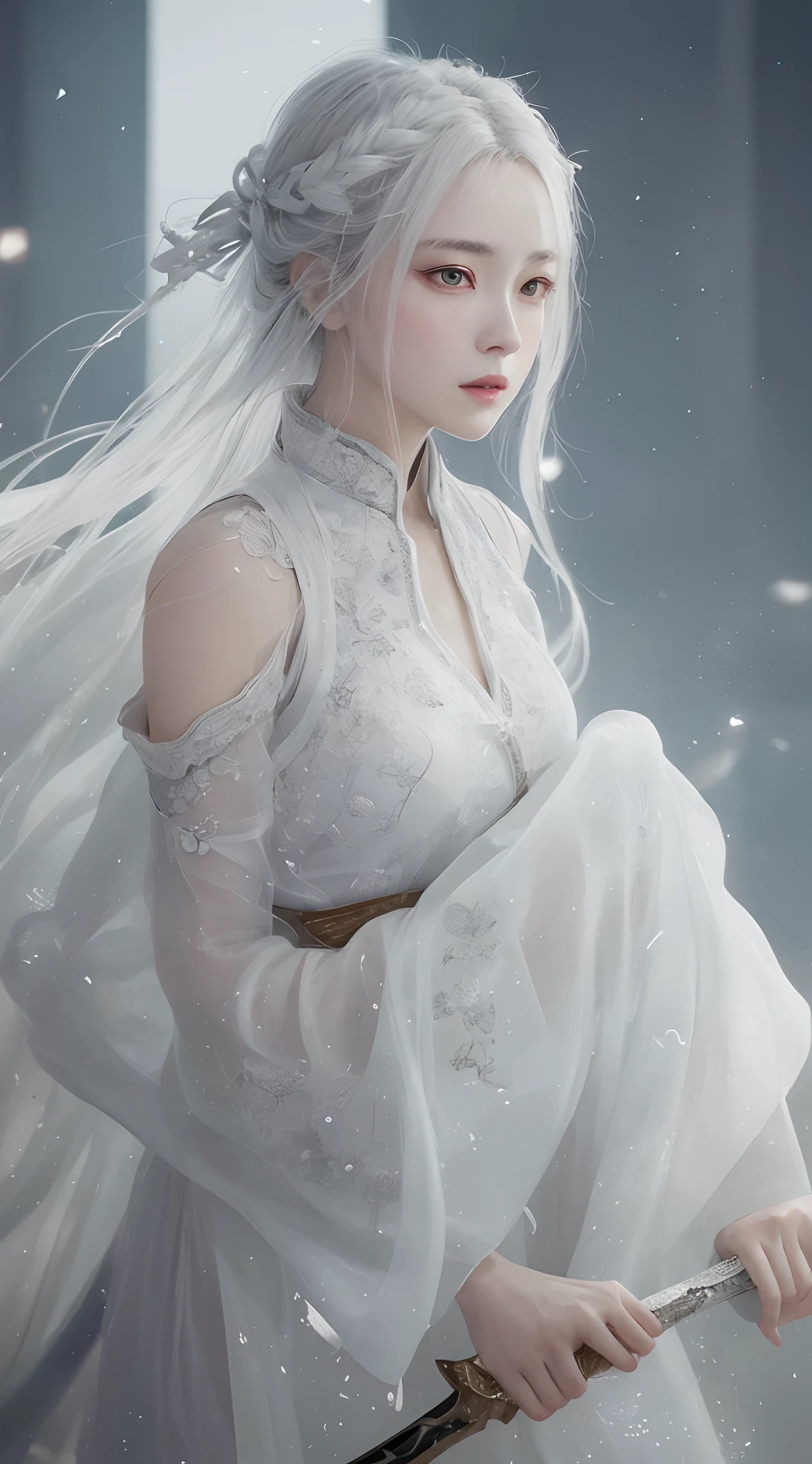 a close up of a woman with a sword in a white dress, a character portrait by Yang J, trending on cgsociety, fantasy art, beautiful character painting, artwork in the style of guweiz, guweiz, white hanfu, flowing white robes, full body wuxia, epic exquisite character art, stunning character art, beautiful female assassin