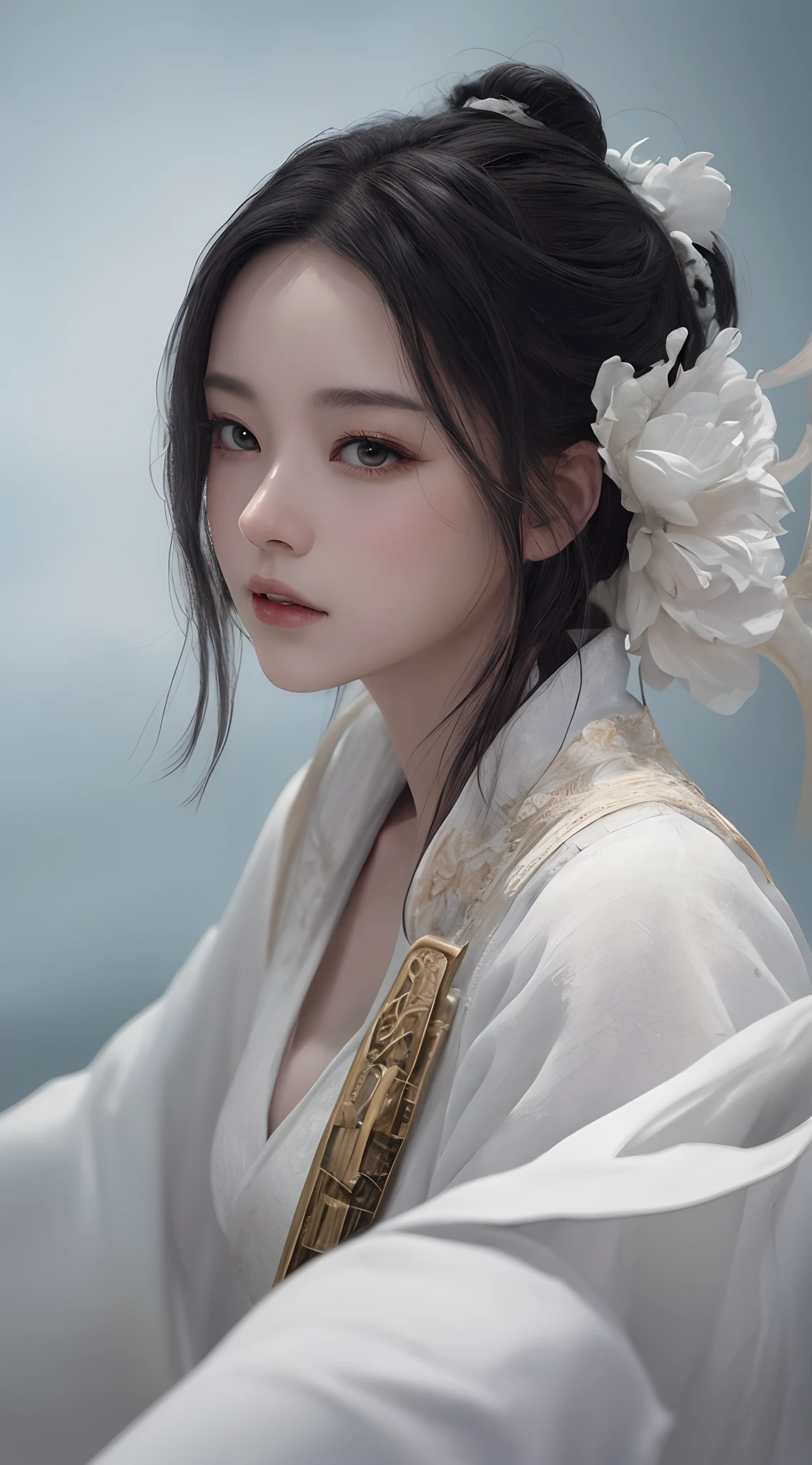 a close up of a woman with a sword in a white dress, a character portrait by Yang J, trending on cgsociety, fantasy art, beautiful character painting, artwork in the style of guweiz, guweiz, white hanfu, flowing white robes, full body wuxia, epic exquisite character art, stunning character art, beautiful female assassin