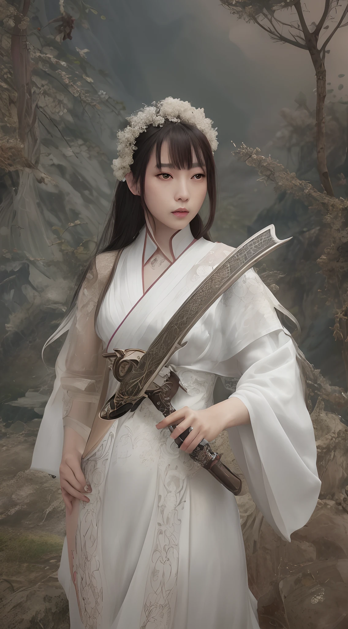 a close up of a woman with a sword in a white dress, a character portrait by Yang J, trending on cgsociety, fantasy art, beautiful character painting, artwork in the style of guweiz, guweiz, white hanfu, flowing white robes, full body wuxia, epic exquisite character art, stunning character art, beautiful female assassin