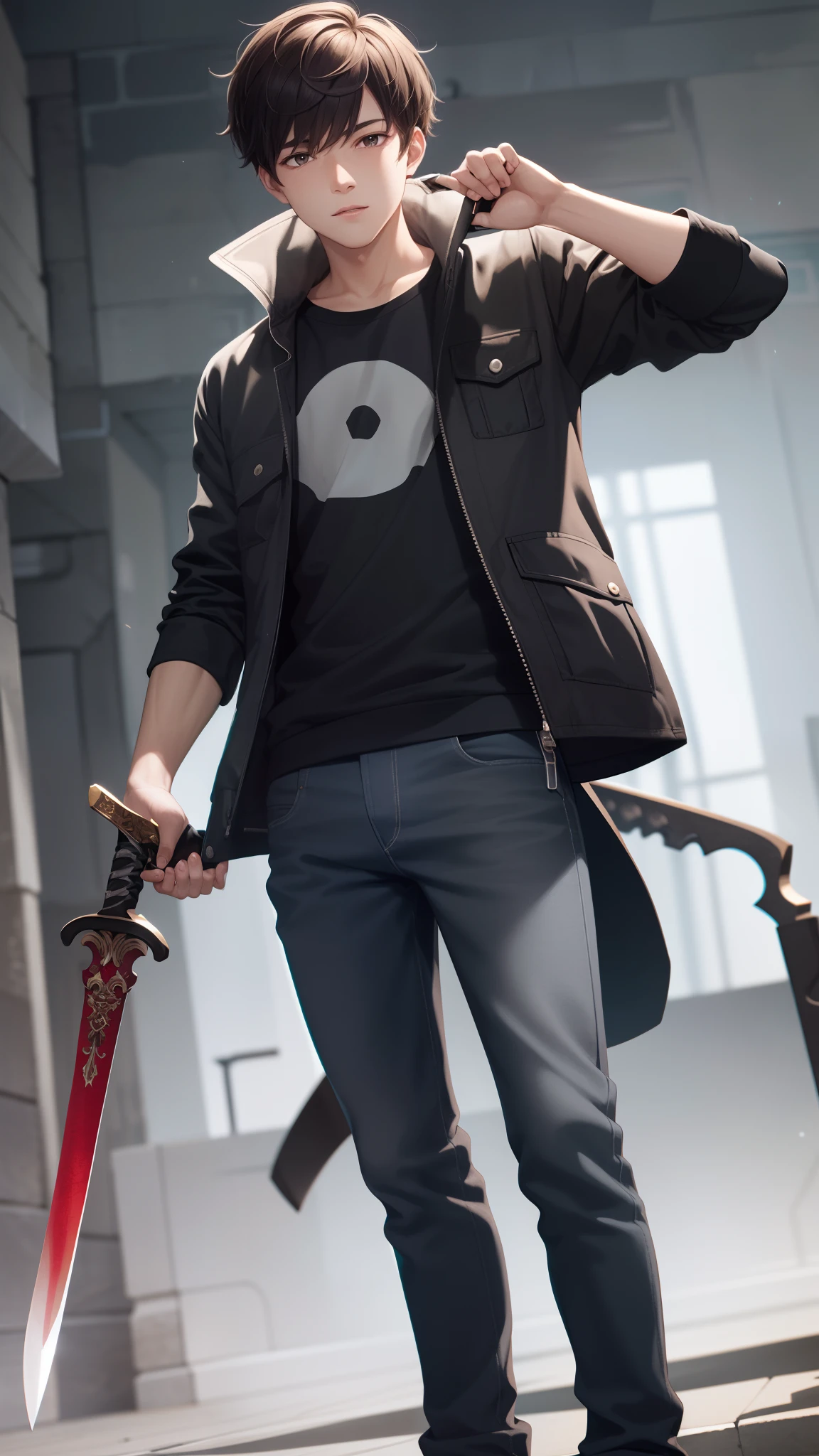 HD clear, best images, illustration quality, super detailed, a young man in a black jedi custom casual sweatshirt, with a sword in his hand, bloodstained