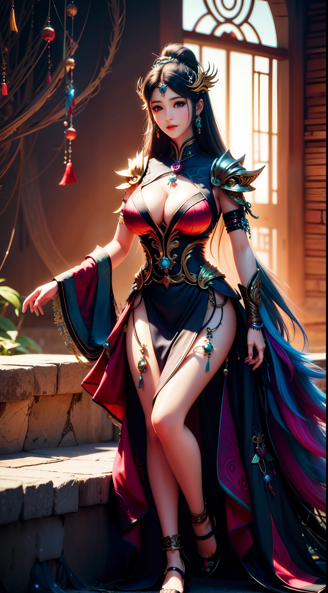 Stylish image of a woman dressed in rainbow with long hair, super plump , full body xianxia, ​​goddess.  very high detail, trending on cgstation, irelia from league of legends, beautiful celestial mage, 8k high quality detailed art, irelia, astral mage outfit, beautiful highly detailed fanart, smooth cg art, highly detailed goddess shot, background  back: chinese fantasy mountains,