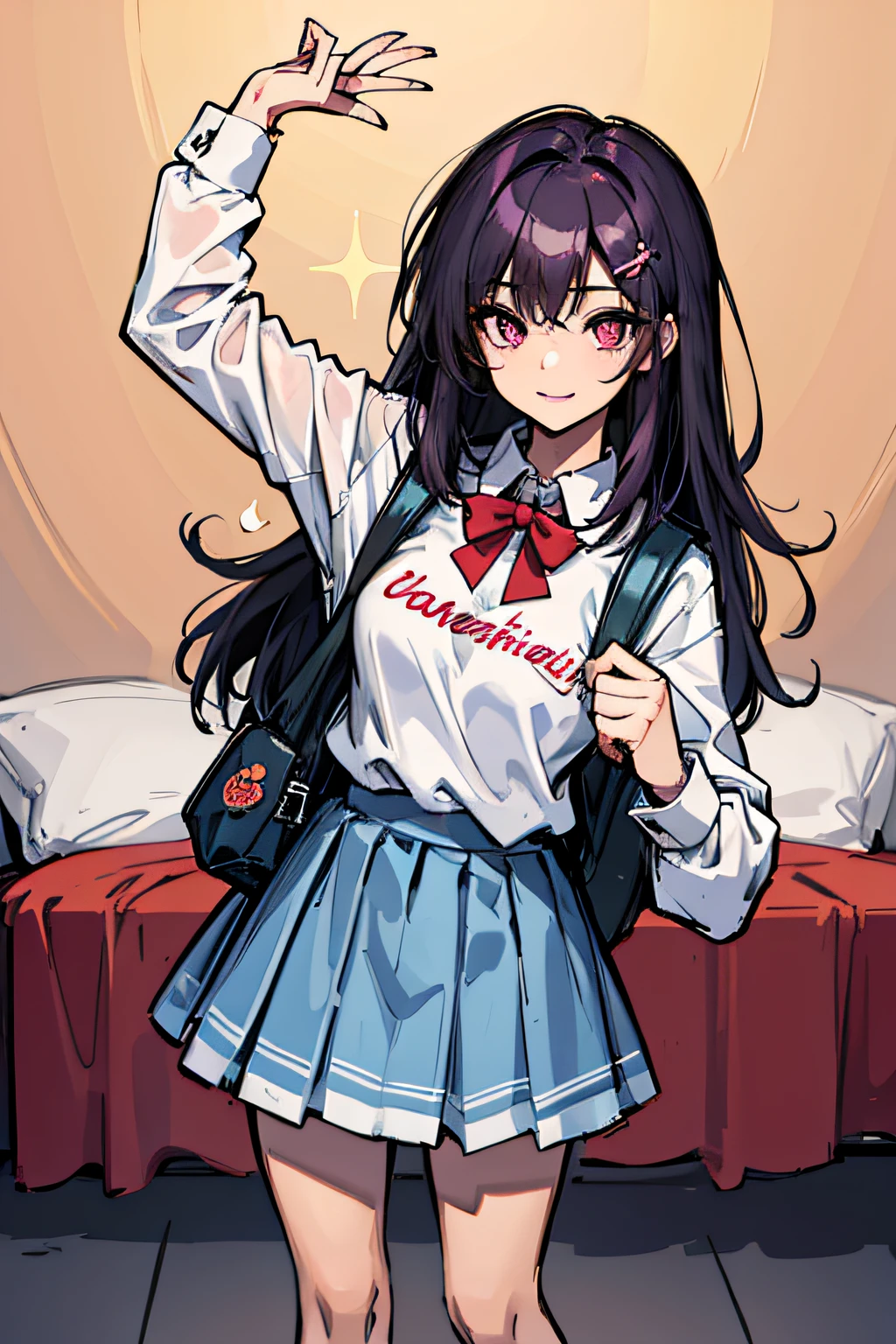 (absurdres, 8k, 4k, masterpiece, hyper extreme detailed:1.2), solo, 1girl, front view, perfect face, 1girl, portrait, looking at viewer, solo, standing, Female, Mature Female, expressive eyes, perfect face, dark purple hair, 1girl, messy hair, perfect anatomy, adult, standing, straight hair, pale, full body, medium hair, perfect anatomy, friendly, happy, good, good natured, kind, kindhearted, understanding, honesty, integrity, empathy, empathic, smile, nice, happy, expressive, cute, caring, Compassionate, Humility, Integrity, Forgiveness, forgiving, sparkling eyes, expressive eyes, hair covering forehead, swept bangs, medium bust, shirt, frilly shirt, cute outfit, blue skirt, wholesome, Patience, love, loving, Generous, savior, saint, saintly, devoted, selfless, Positive, Encouraging, polite, courage, courageous, Considerate, unselfish, Diligent, warm, welcoming, Temperate, Cooperative, faithful, Imaginative, Fairness, fair, perfect, normal, 1girl, cutesy, pins, hairpins, bedroom background, colorful, backpack, angelic, flowers, flowers in hair, slender, slim, beautiful, wonderful, college student, warm smile, clasped hands, tilted head, hope, integrity, inspiring, benevolent, huggable, cute outfit, cute bag, no wings,