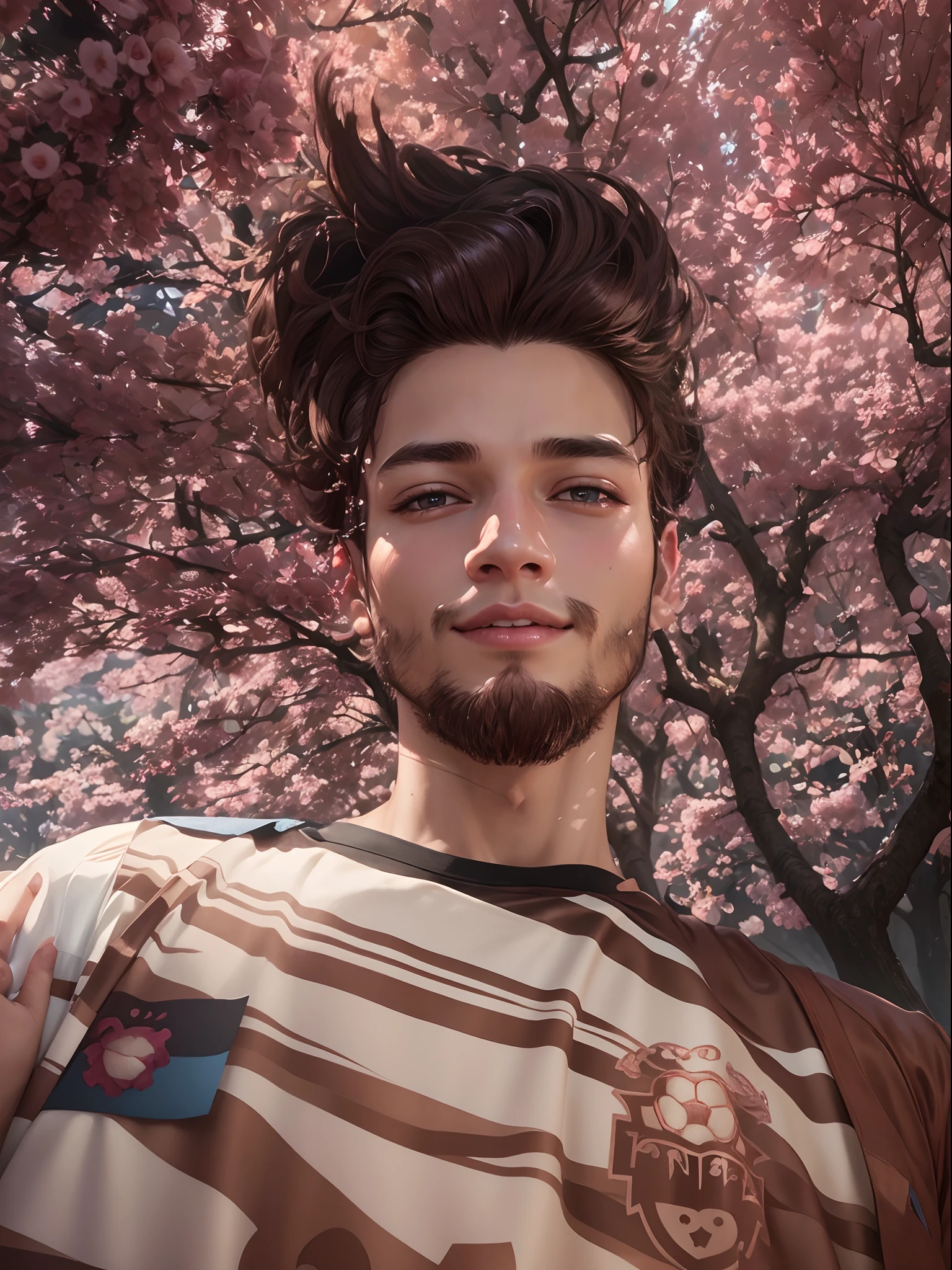 Jungkook with a rose in his hand. Smiling. Light brown hair. Blue eyes. Fit body. Apollada in an almond blossom. Hyper-detailed, high quality, photorealistic, 8k