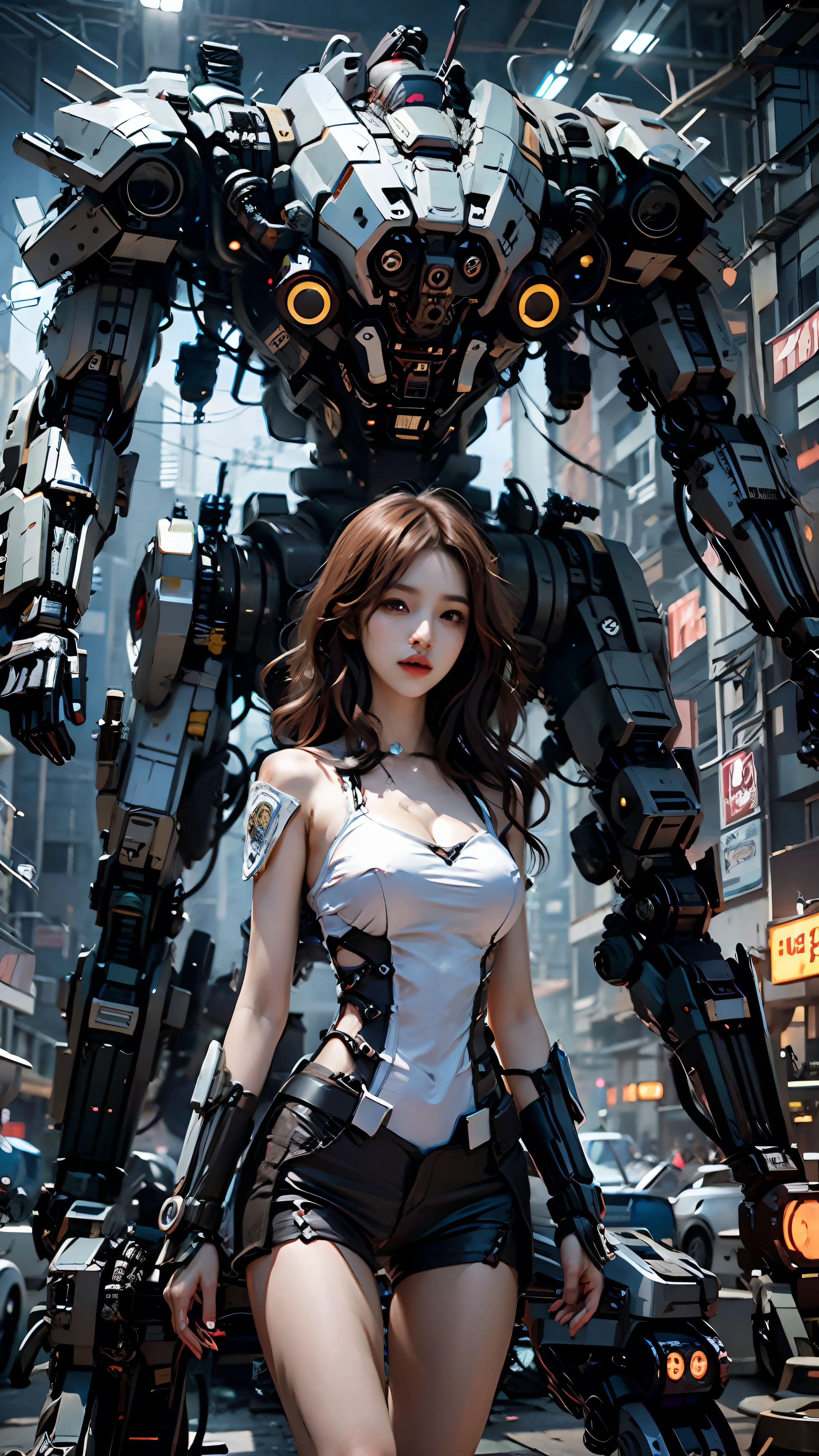 ((master-piece,best qualiy)),illutstration,Ultra-detailed 8K,Realistic ,Clear focus,Highly detailed,Professional lighting,Colorful details,Rainbow color BREAK factory super long shot,Large mechanical robot structure,Up,microchips,Computer,glowing with,Intricate details,shitu-mecha,1 Cyberpunk girl standing,Toned body,
