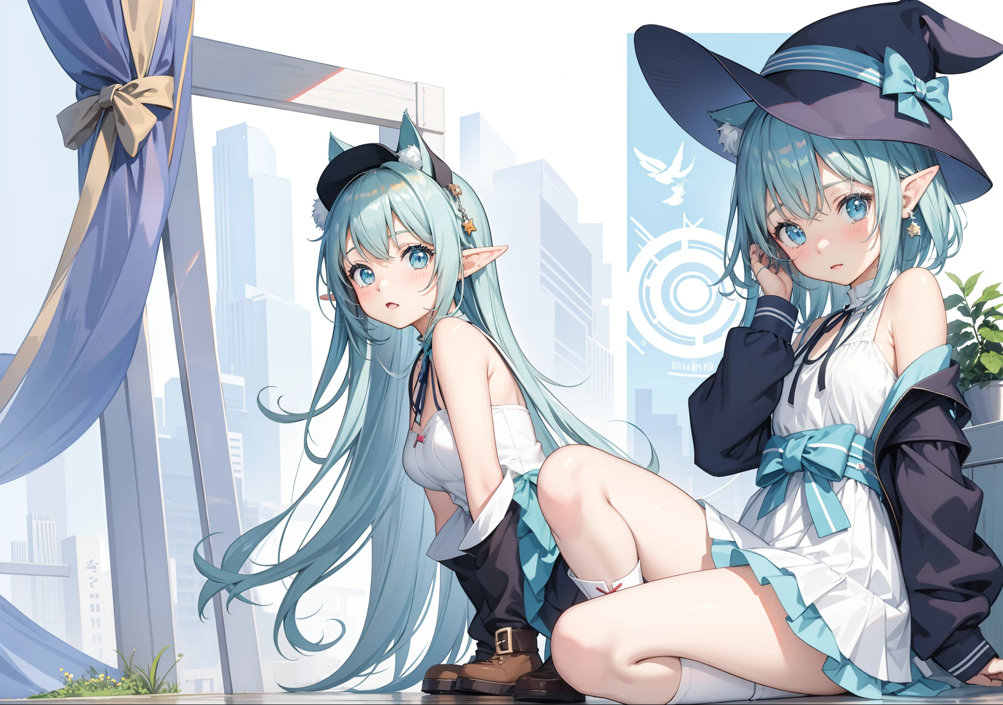 Anime girl sitting on the ground wearing hat and boots, Elf Girl, Cute anime girl, Digital art on Pisif , Digital anime illustration, Digital anime art!!, Pisif, Soft anime illustration, Pisif Contest Champion, Anime style portrait, Cute anime style, loli in dress, zerochan art, pretty anime girl, Blue Elf, anime girl with cat ears