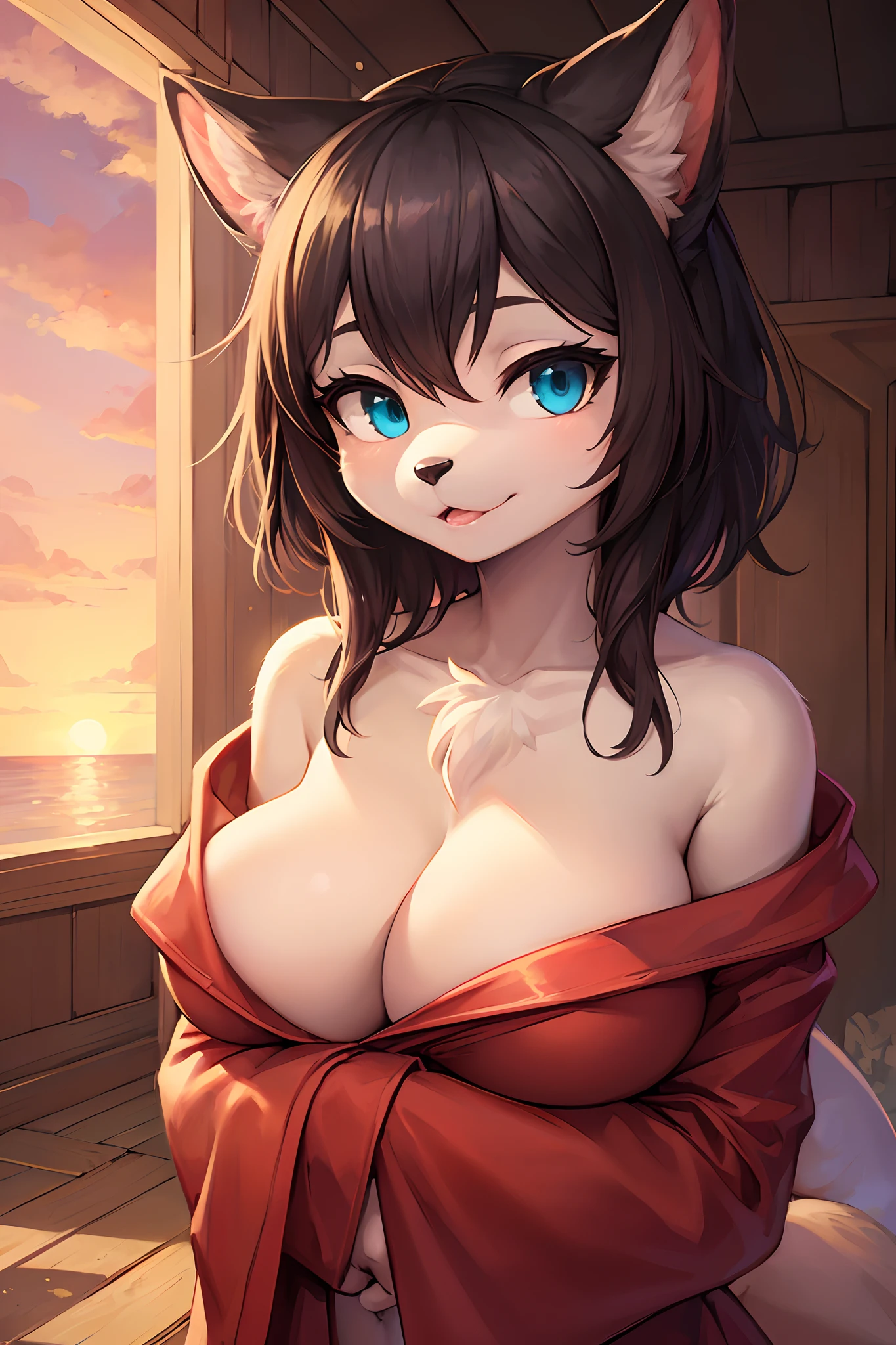 (Furry art, Uploaded on e621:1.4),(fluffy anthro furry:1.6),((Young:1.6)),(Short stature)(Furry girl:1.7),furry gril,Canine nose,Fluffy hair,Voluptious body,Red sunset,Tropical beaches,Loose fitting bathrobes,Close-up of upper body shot,(Medium-sized breasts:1.1),(sexy breast),Turquoise eyes,Cat eyes,Gradient pupils,hairy chest,Cinematic lighting, romanticism lain,Baroque style,Efficient texture, hyper HD, Masterpiece,Award-Awarded, Best quality, 16k, A high resolution, High quality