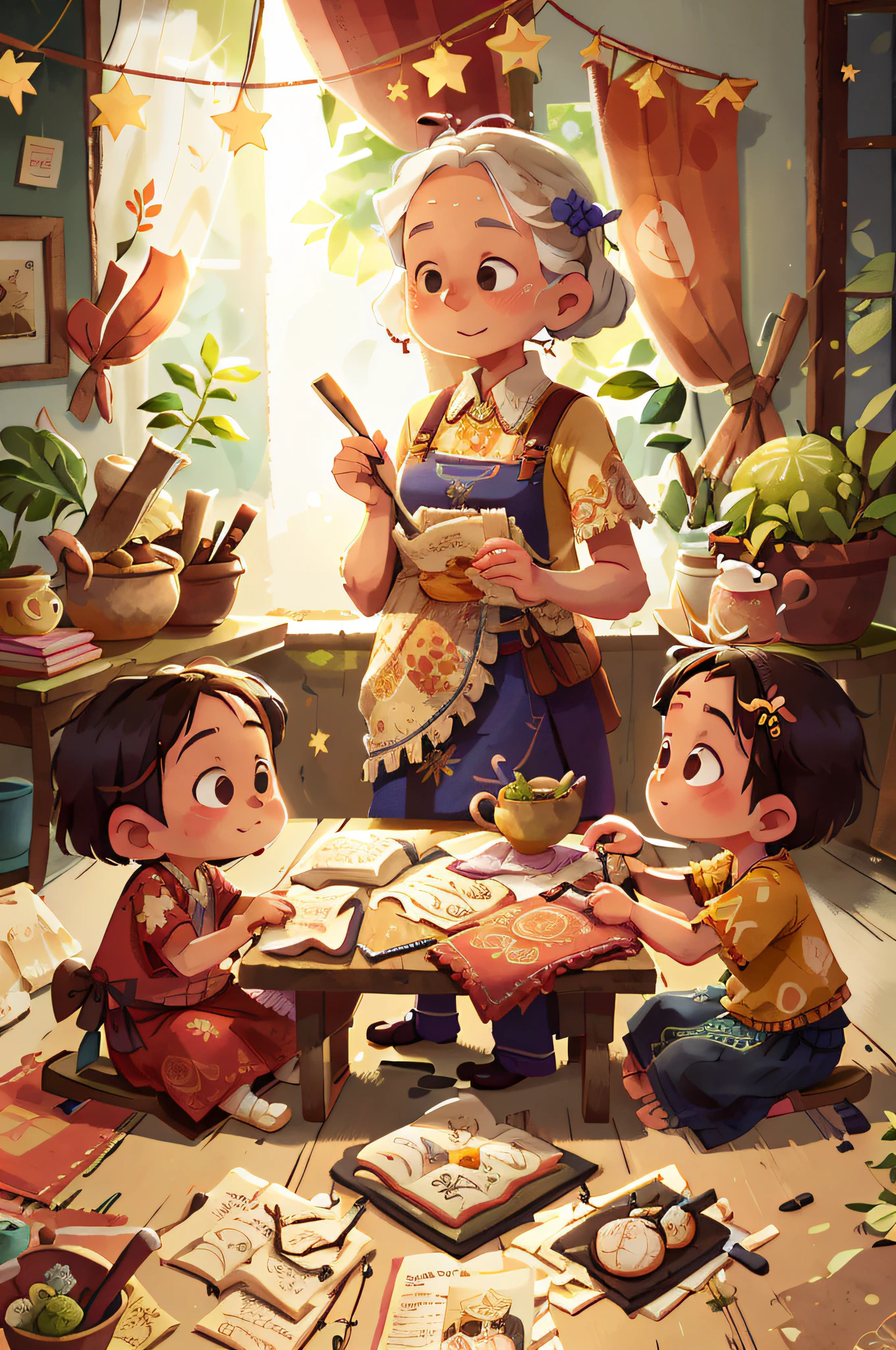 (best quality,4k,8k,highres,masterpiece:1.2),ultra-detailed,(realistic,photorealistic,photo-realistic:1.37),grandmother holding a piece of batik,traditional batik pattern,family heirloom,aged hands,wrinkled fingers,loving gaze,gentle smile,nostalgic atmosphere,soft lighting,subtle shadows,warm color palette,traditional art style,intergenerational connection,cultural heritage,rich textile texture,finely detailed fabric weave,cherished memories,happiness and contentment,motherly love,artistic craftsmanship,tactile sensation,graceful posture,vibrant colors,delicate floral motifs,heritage preservation,wisdom and experience,depth and sophistication,generations intertwined,cultural identity,storybook aesthetics,emotionally evocative,artistic legacy,textile artistry