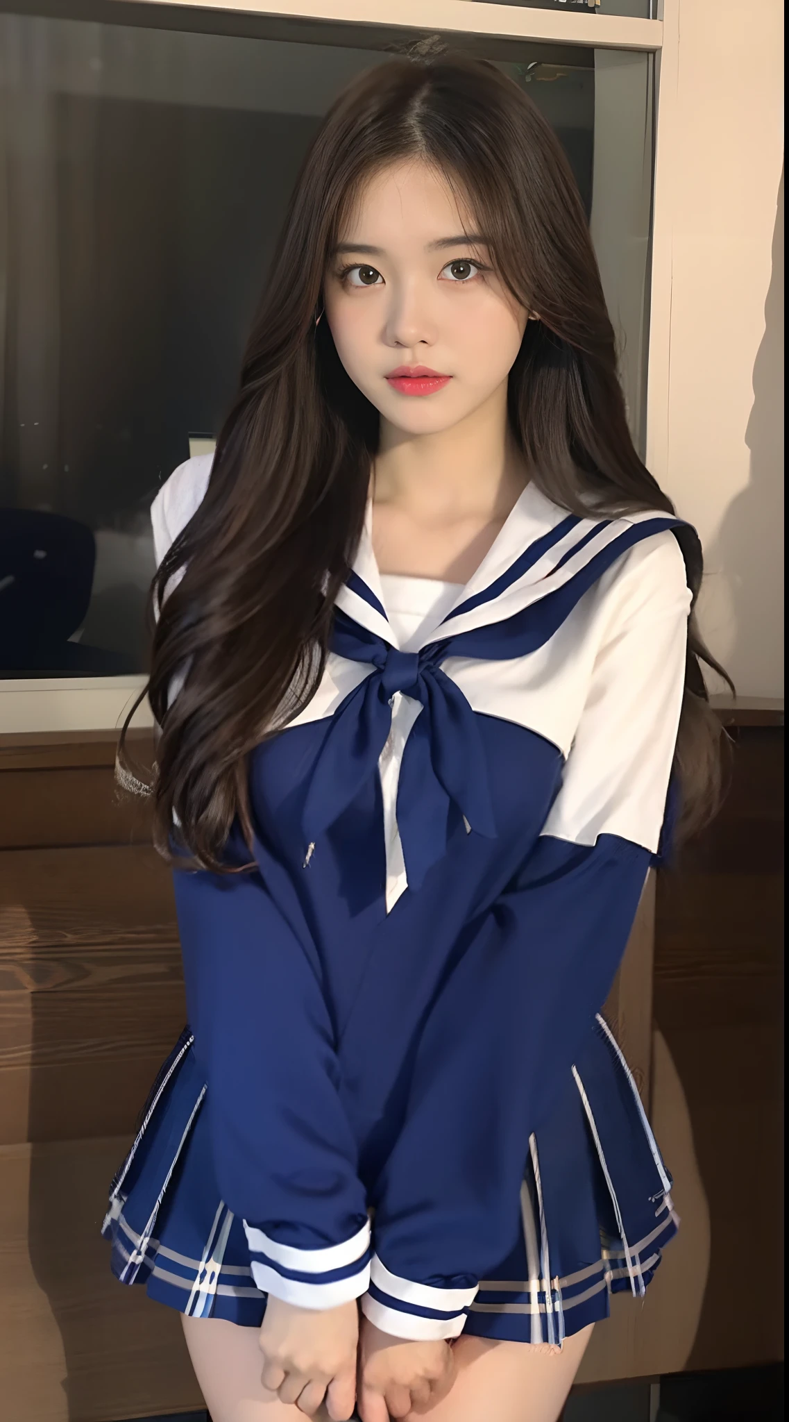 (top-quality,8K,tmasterpiece:1.3)),focal:1.2,Perfect body beauty:1.8,hindquarters:1.2,((Layered Hair Style,nedium breasts:5.5)),Japanese high school girl,Sailor costumes worn by Japanese high school students,JK,(schools,Classroom),Highly Detailed Face and Skin Textur,largeeyes,Tanuki face,二重まぶた,Whitens the skin,Shot cut,Enchanting pose,(Thigh width:10 cm),(The thighs are thin),(((The breasts hit the wall)))