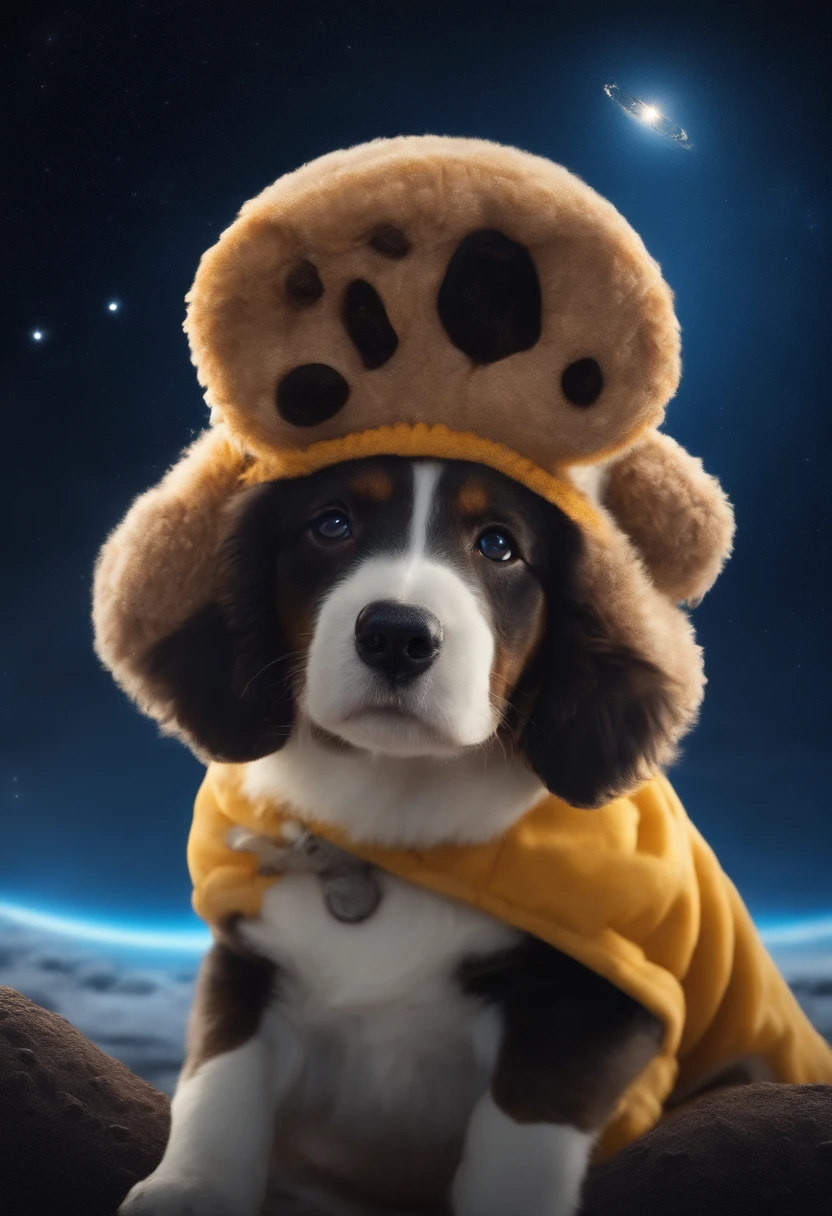 A photorealistic dog sitting on the moon, a masterpiece, best quality, 8k, high detailed, ultra-detailed, with stars shining in the background