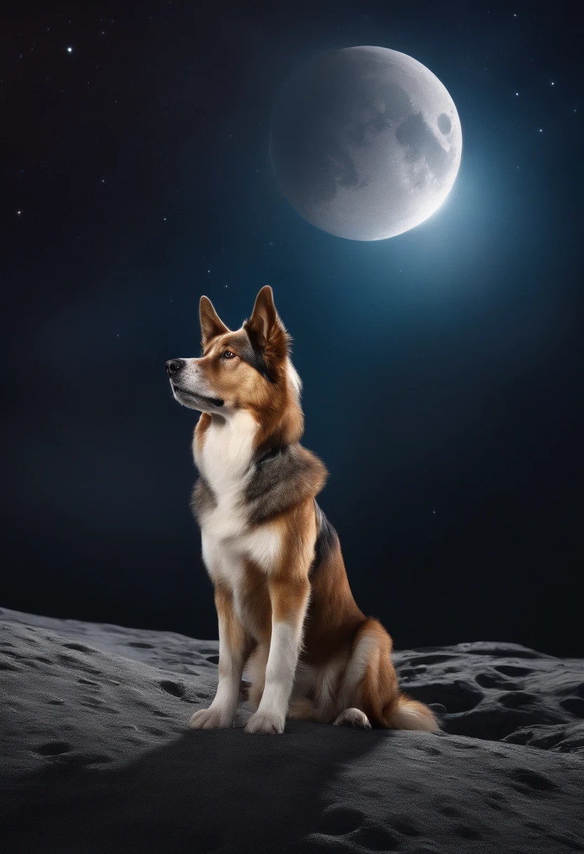 A photorealistic dog sitting on the moon, a masterpiece, best quality, 8k, high detailed, ultra-detailed, with stars shining in the background